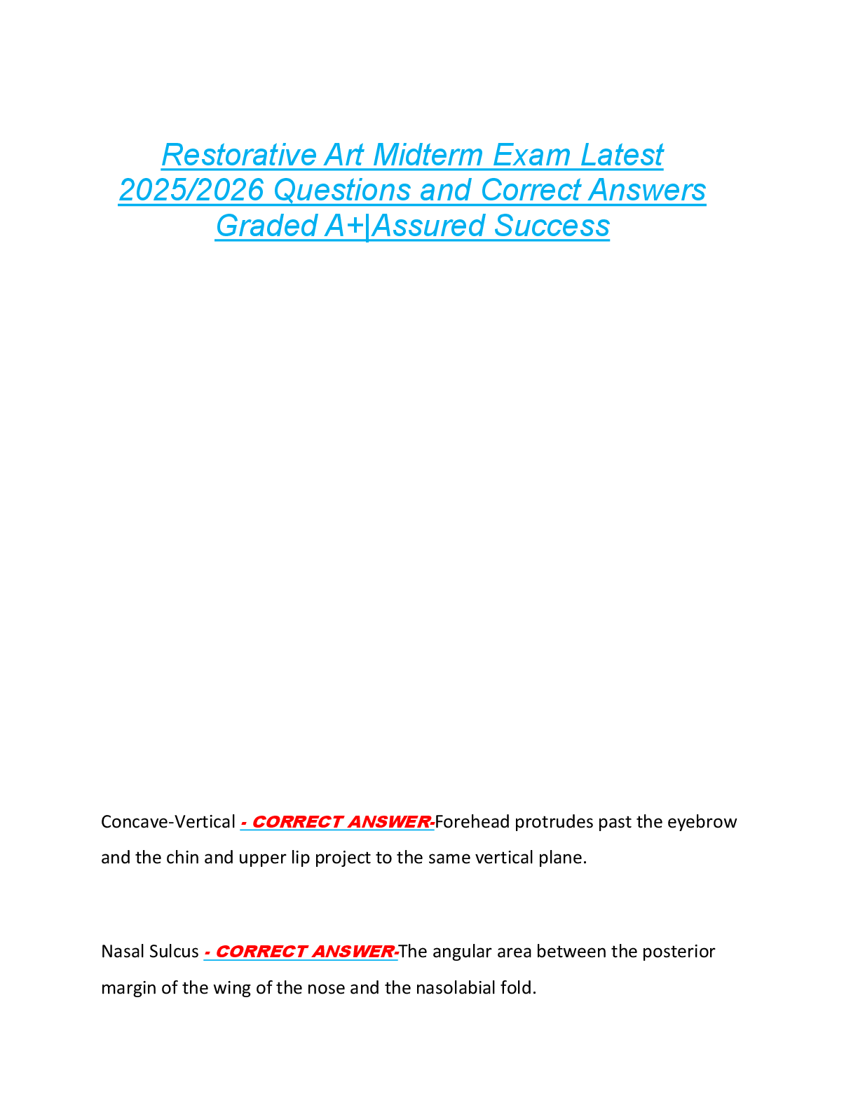 Preview image for Restorative Art Midterm Exam Latest  2025/2026 Questions and Correct Answers  Graded A+|Assured Success