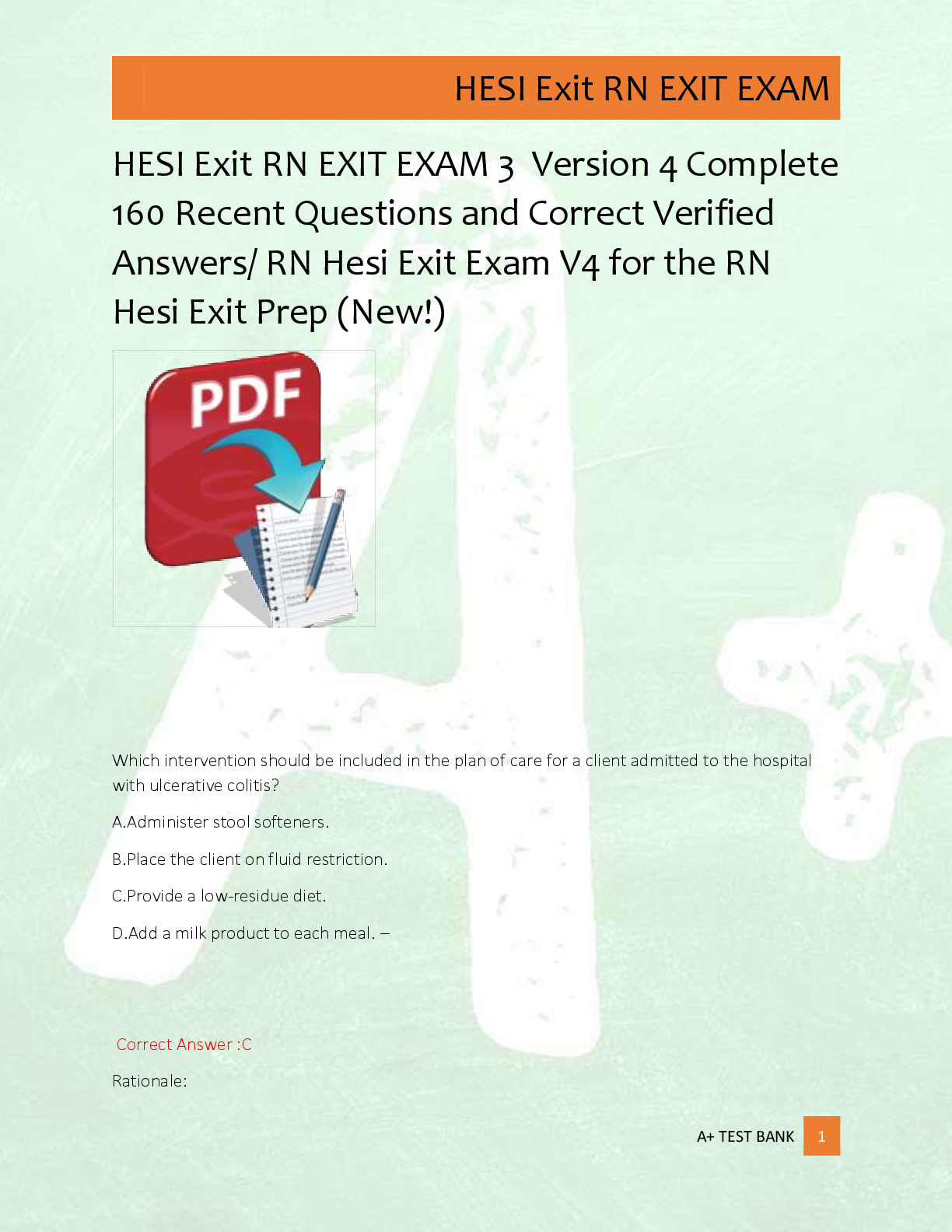 Preview of HESI Exit RN EXIT EXAM 3  Version 4 Complete  160 Recent Questions and Correct Verified  A