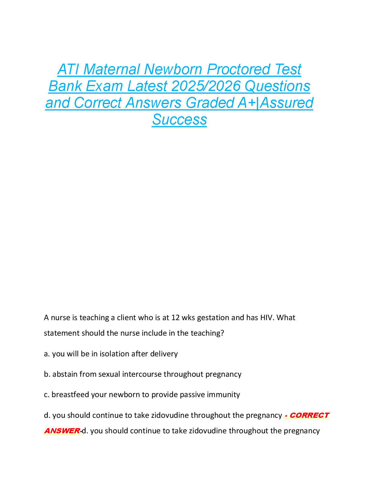 Preview image for ATI Maternal Newborn Proctored Test  Bank Exam Latest 2025/2026 Questions  and Correct Answers Graded A+|Assured  Success