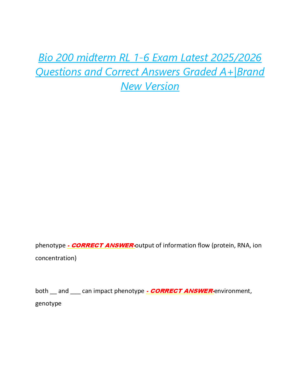 Preview of Bio 200 midterm RL 1-6 Exam Latest 2025/2026  Questions and Correct Answers Graded A+|Bran