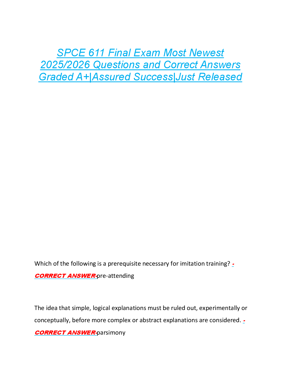 Preview of SPCE 611 Final Exam Most Newest  2025/2026 Questions and Correct Answers  Graded A+|Assure