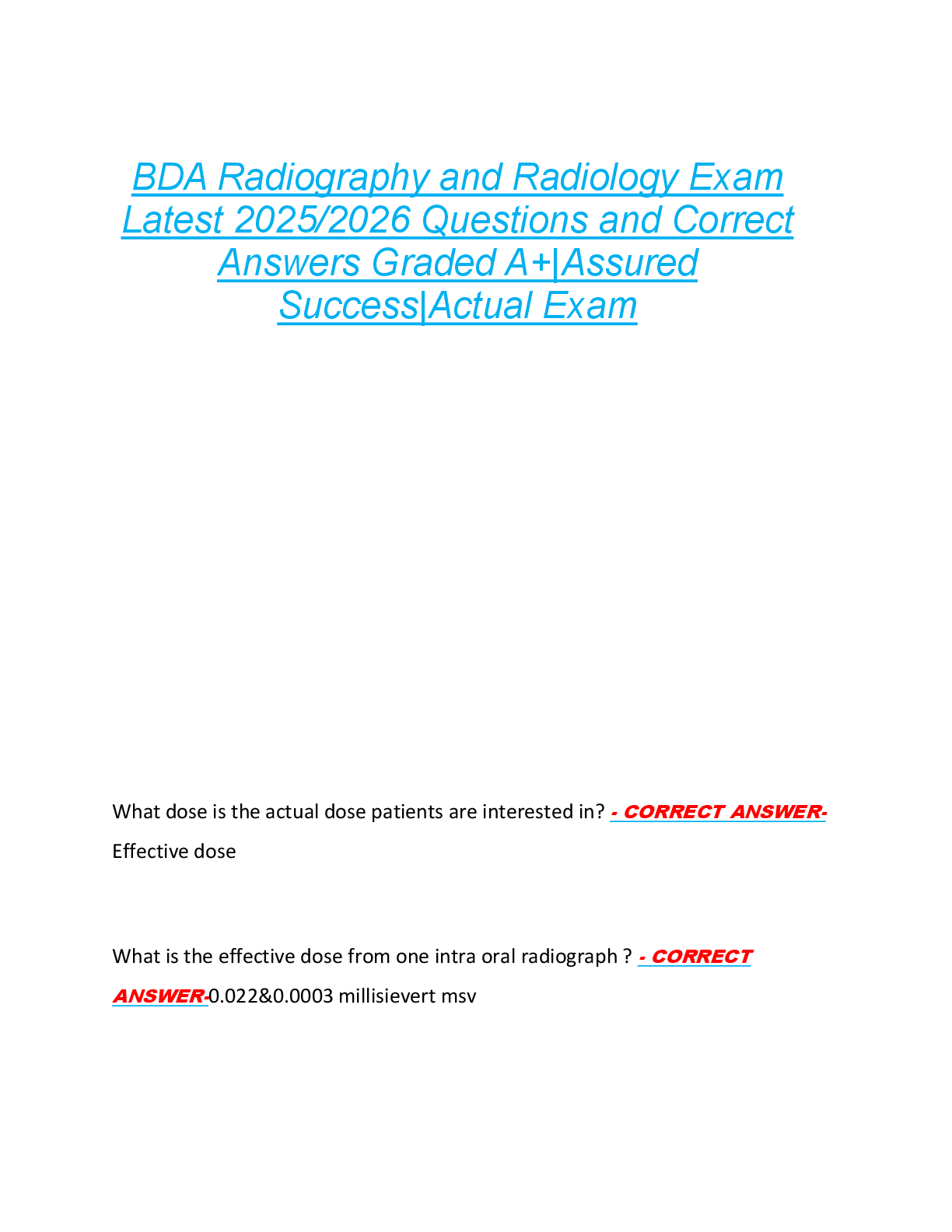 Preview image for BDA Radiography and Radiology Exam  Latest 2025/2026 Questions and Correct  Answers Graded A+|Assured  Success|Actual Exam