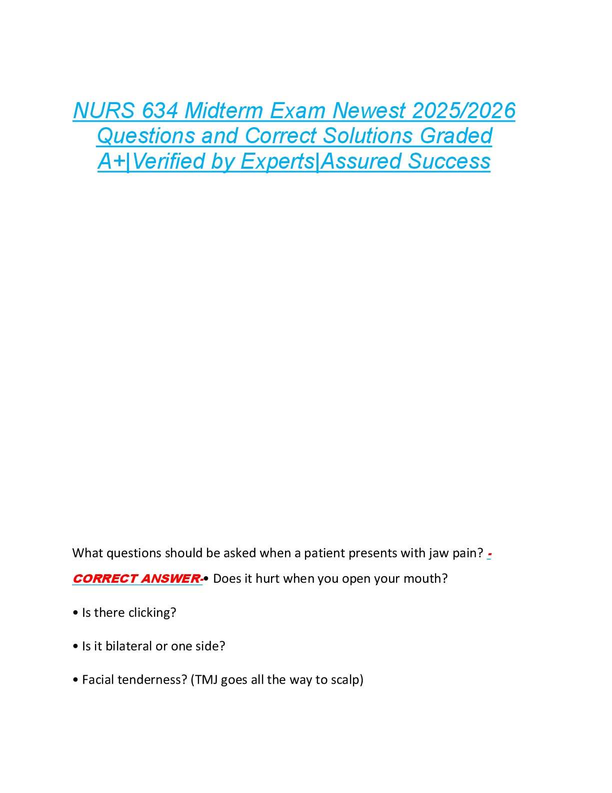 Preview of NURS 634 Midterm Exam Newest 2025/2026  Questions and Correct Solutions Graded  A+|Verifie