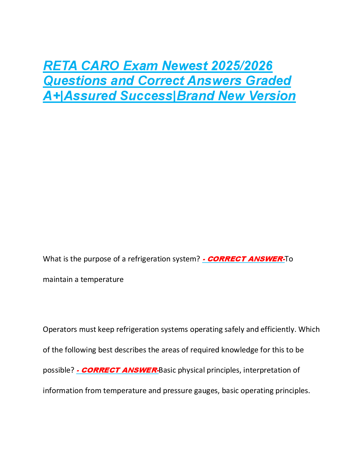 RETA CARO Exam Newest 2025/2026  Questions and Correct Answers Graded  A+|Assured Success|Brand New Version