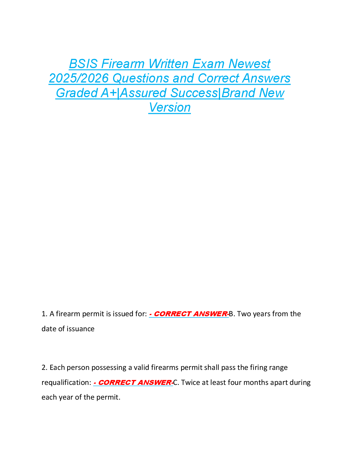 Preview of BSIS Firearm Written Exam Newest  2025/2026 Questions and Correct Answers  Graded A+|Assur