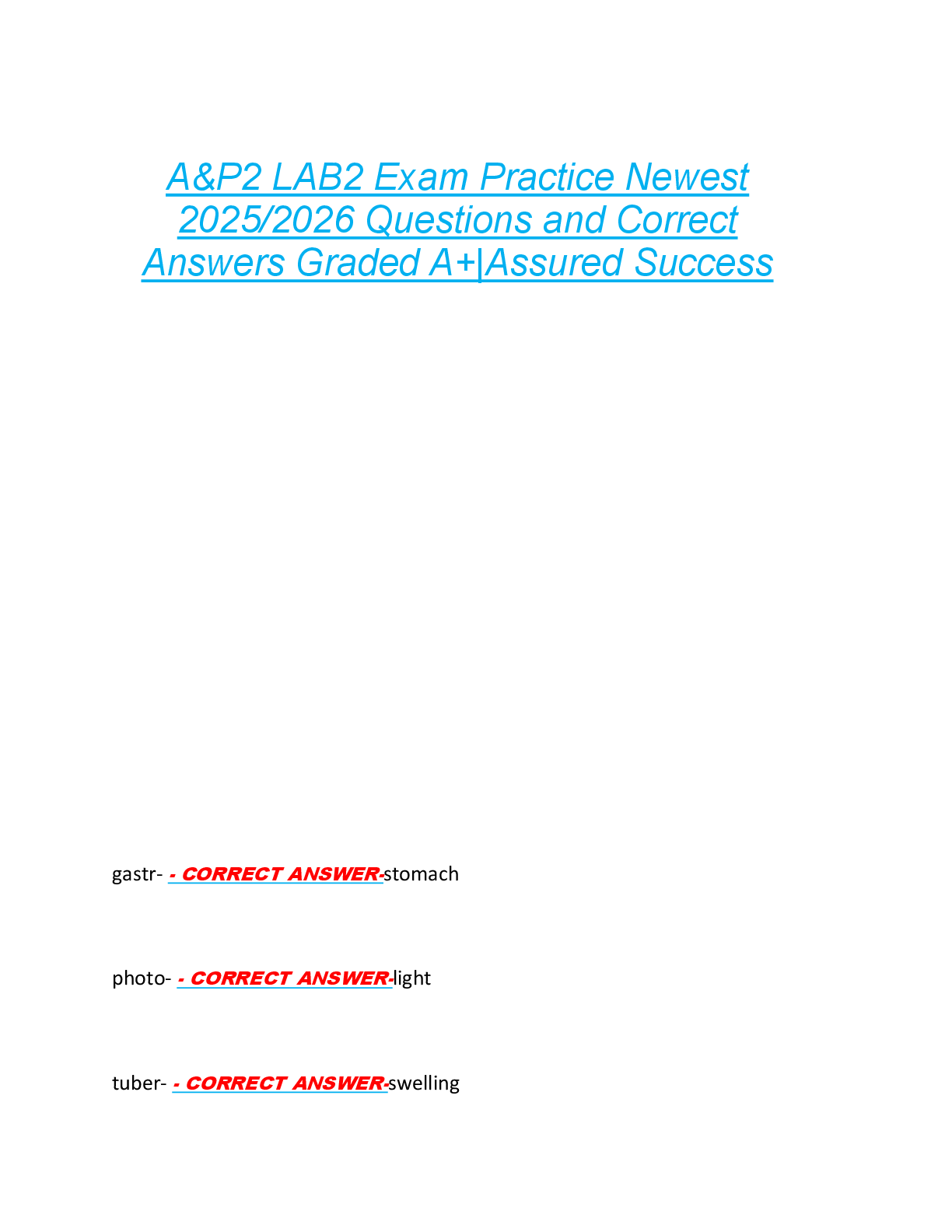 Preview of A&amp;P2 LAB2 Exam Practice Newest  2025/2026 Questions and Correct  Answers Graded A+|Assured Success
