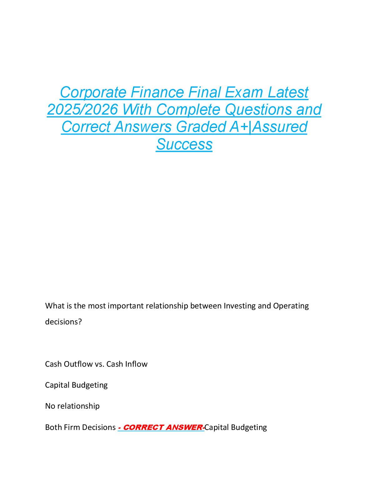 Preview of Corporate Finance Final Exam Latest  2025/2026 With Complete Questions and  Correct Answers Graded A+|Assured  Success