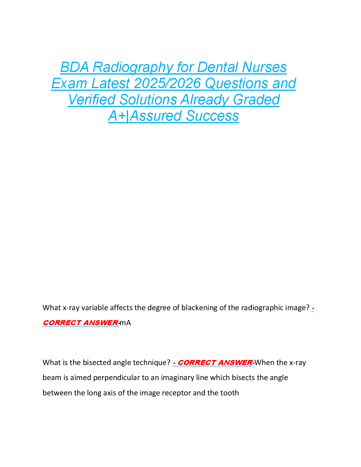 Preview image for BDA Radiography for Dental Nurses  Exam Latest 2025/2026 Questions and  Verified Solutions Already Graded  A+|Assured Success