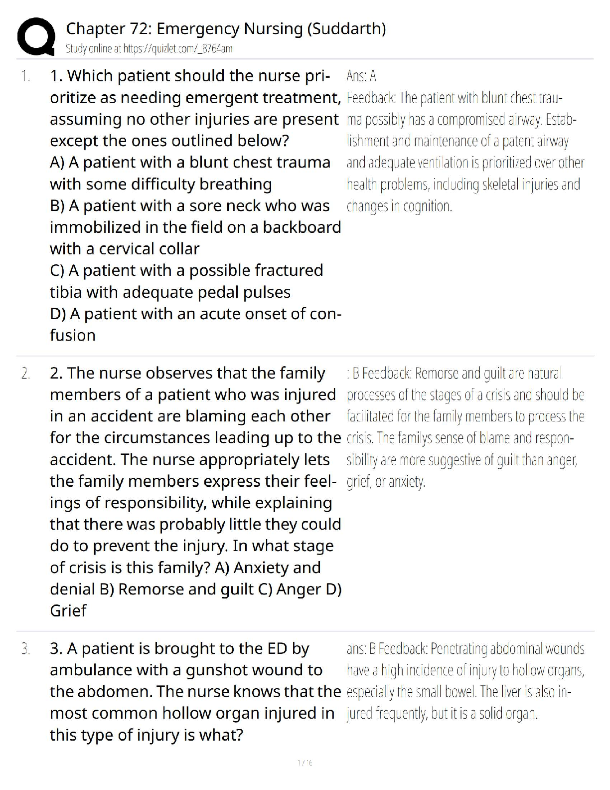 Preview of Chapter 72 Emergency Nursing (Suddarth) / 2025 Update   on Emergency Nursing Exam
