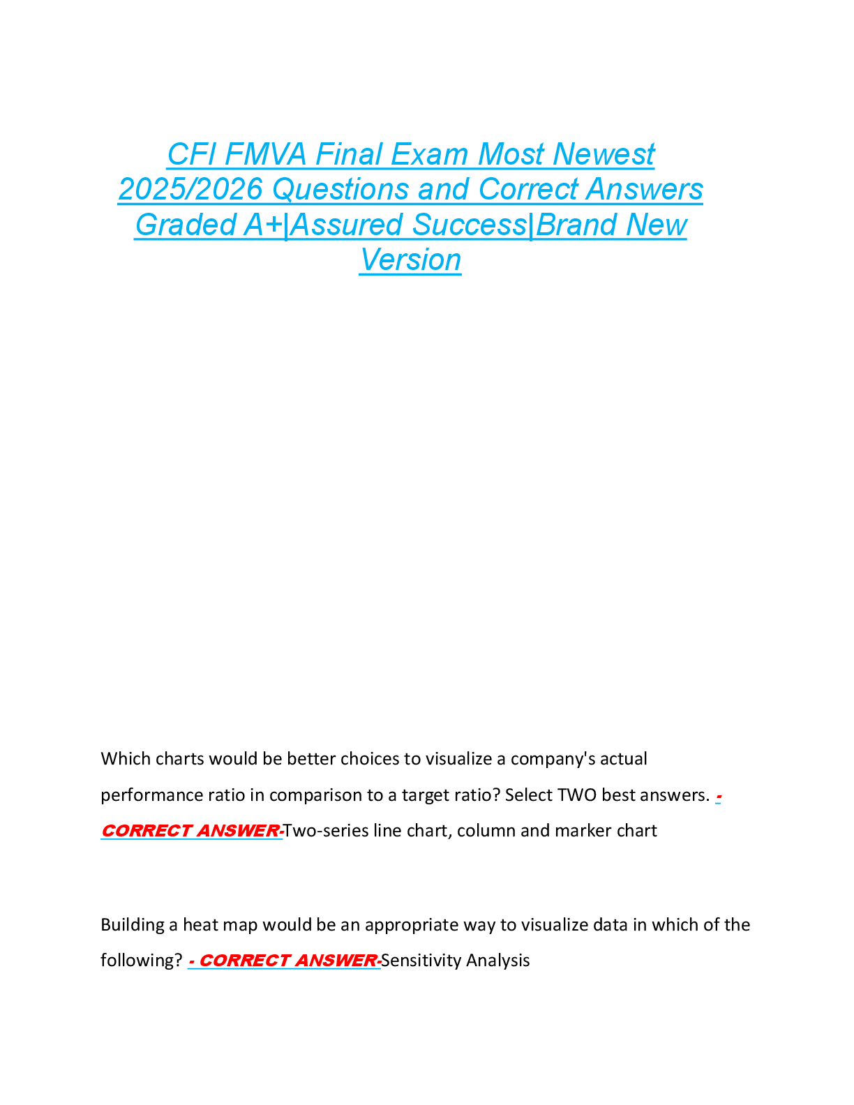 CFI FMVA Final Exam Most Newest  2025/2026 Questions and Correct Answers  Graded A+|Assured Success|Brand New  Version