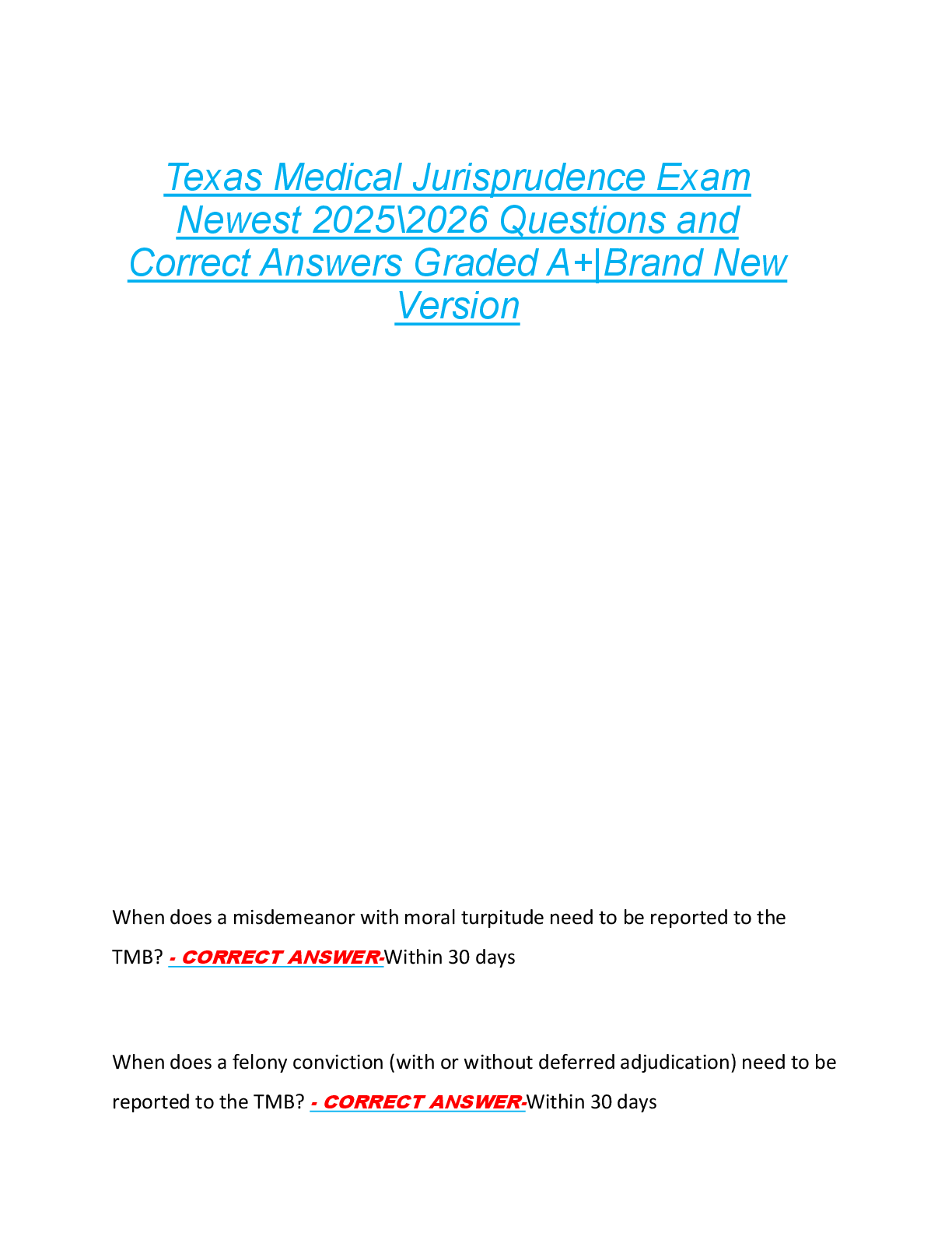 Preview of Texas Medical Jurisprudence Exam  Newest 2025\2026 Questions and  Correct Answers Graded A