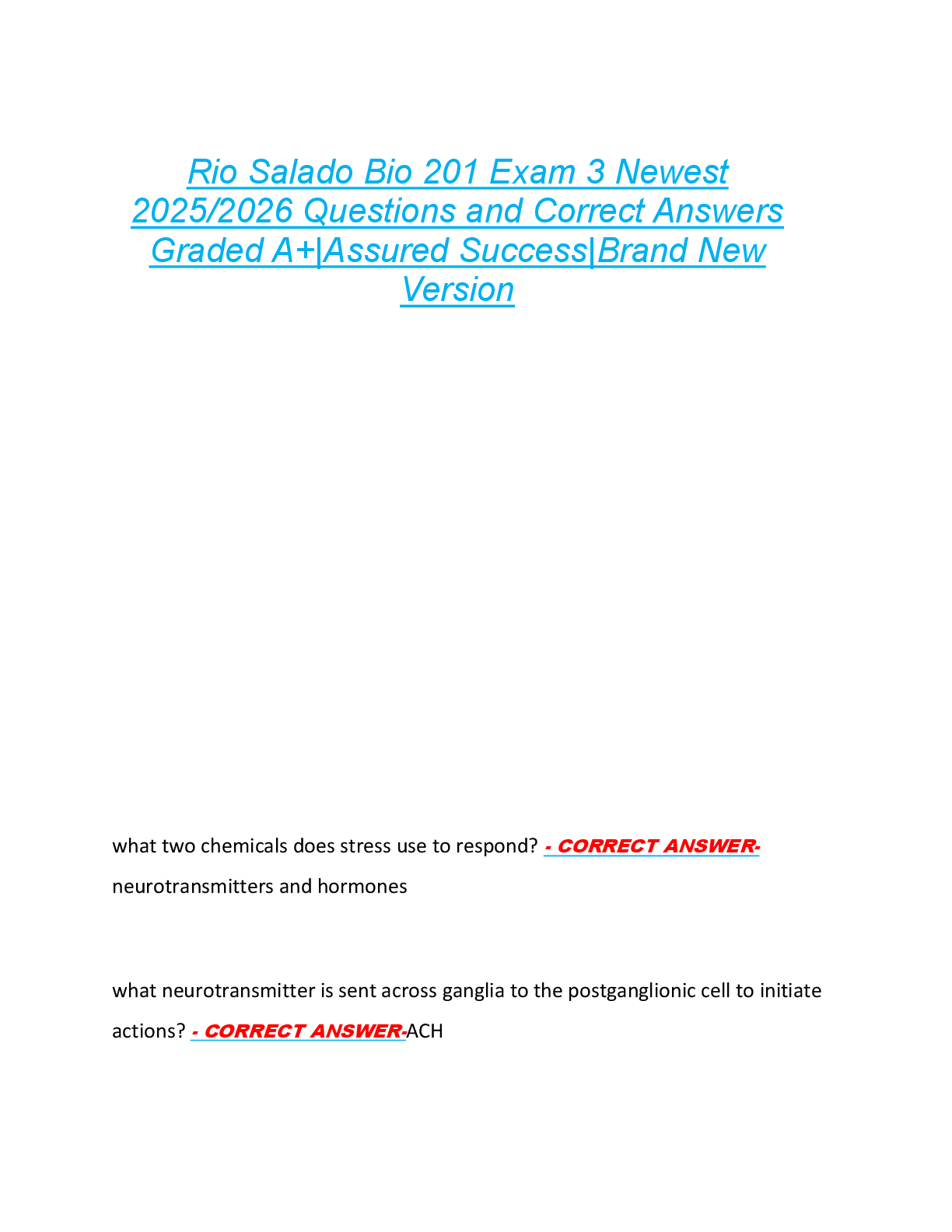 Rio Salado Bio 201 Exam 3 Newest  2025/2026 Questions and Correct Answers  Graded A+|Assured Success|Brand New  Version