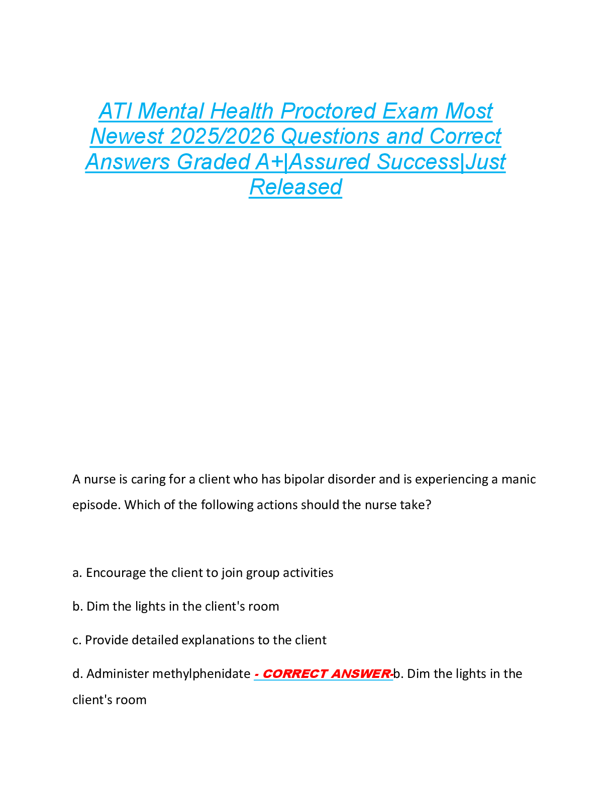 Preview of ATI Mental Health Proctored Exam Most  Newest 2025/2026 Questions and Correct  Answers Graded A+|Assured Success|Just  Released