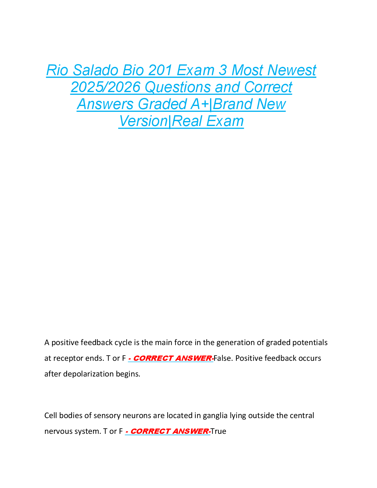 Rio Salado Bio 201 Exam 3 Most Newest  2025/2026 Questions and Correct  Answers Graded A+|Brand New  Version|Real Exam