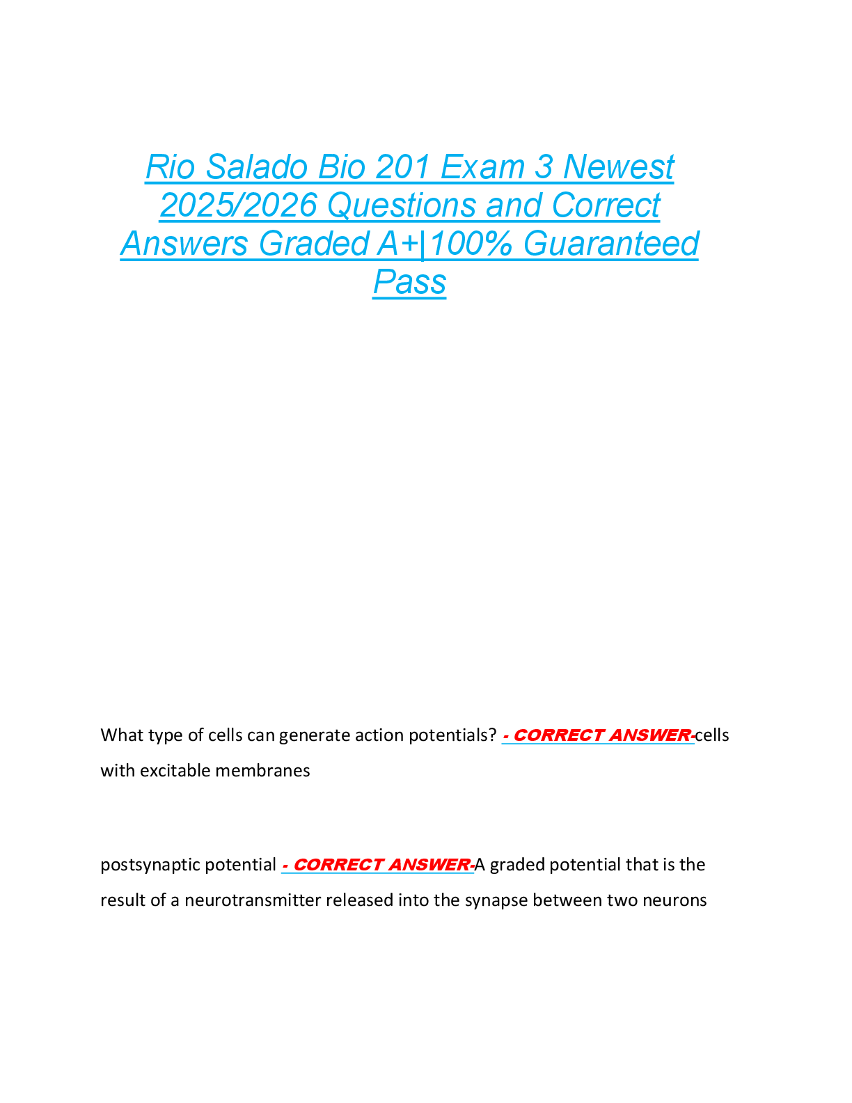 Rio Salado Bio 201 Exam 3 Newest  2025/2026 Questions and Correct  Answers Graded A+|100% Guaranteed  Pass Rio Salado Bio 201 Exam 3 Newest  2025/2026 Questions and Correct  Answers Graded A+|100% Guaranteed  Pass