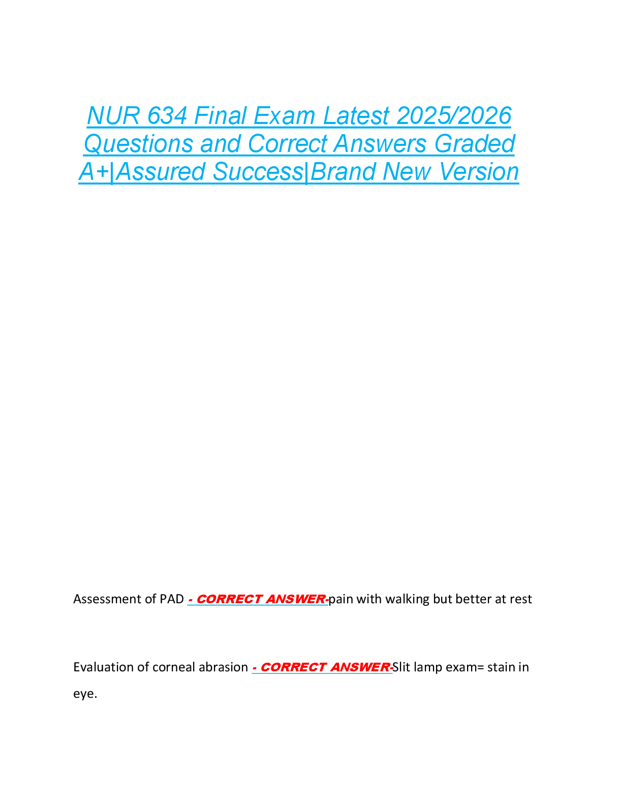 NUR 634 Final Exam Latest 2025/2026  Questions and Correct Answers Graded  A+|Assured Success|Brand New Version