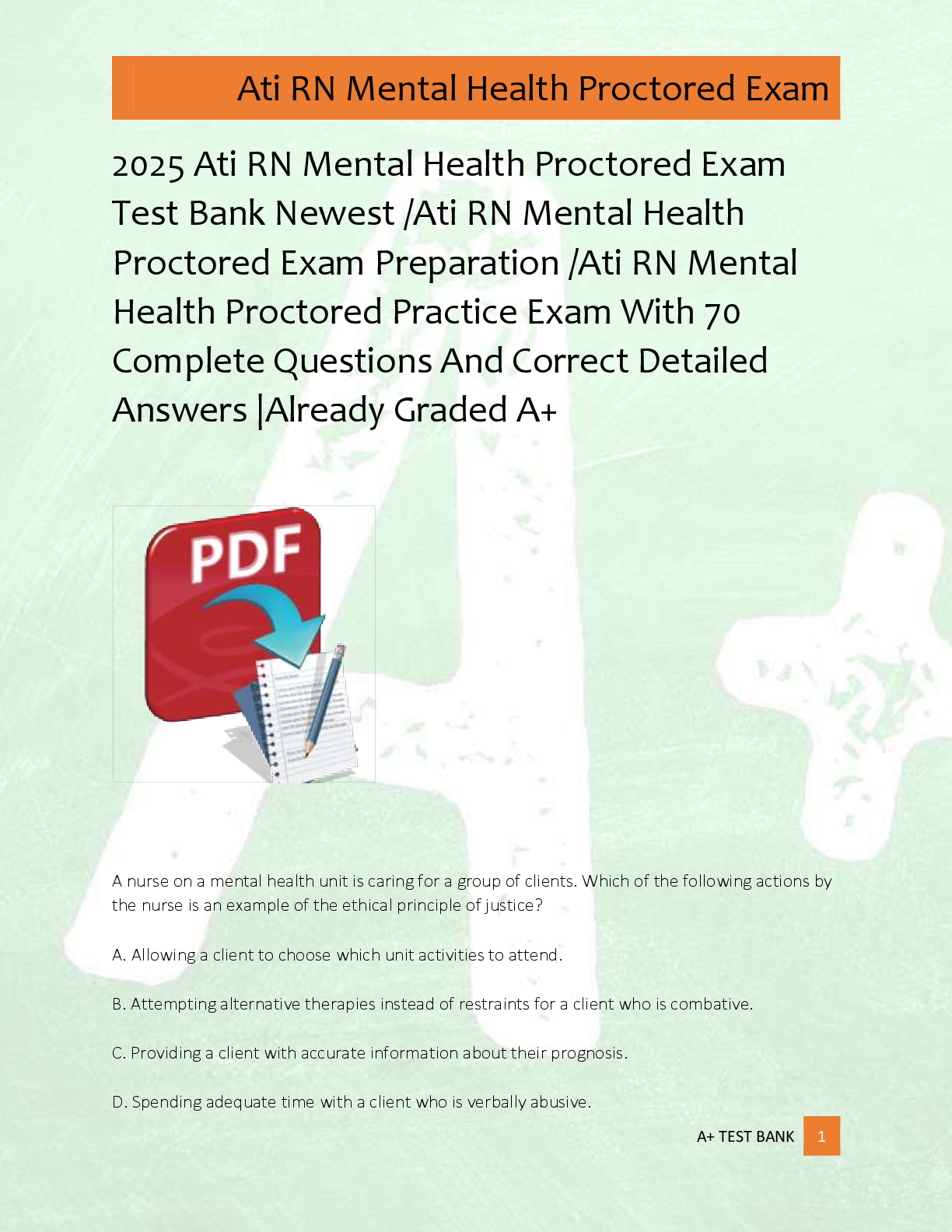 Recommended document preview for 2025 Ati RN Mental Health Proctored Exam  Test Bank Newest /Ati RN Mental Health  Proctored Exam Preparation /Ati RN Mental  Health Proctored Practice Exam With 70  Complete Questions And Correct Detailed  Answers |Already Graded A+