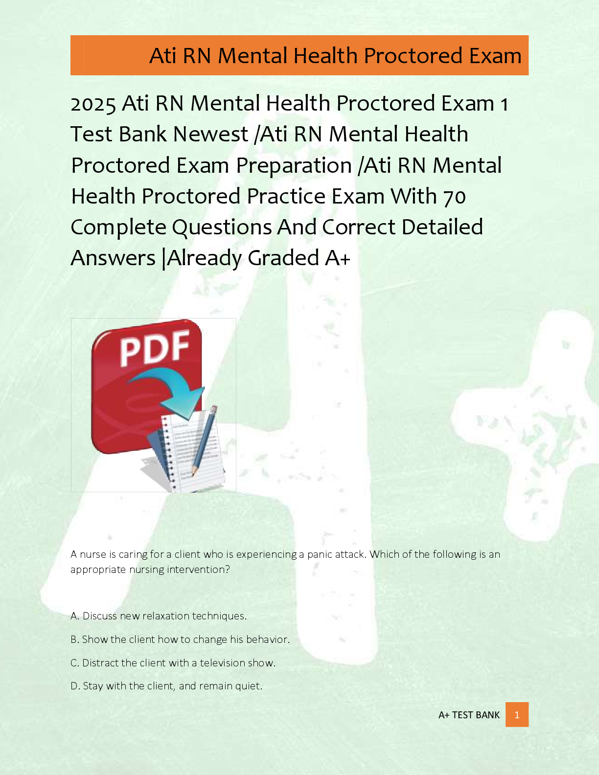 Preview image for 2025 Ati RN Mental Health Proctored Exam 1  Test Bank Newest /Ati RN Mental Health  Proctored Exam Preparation /Ati RN Mental  Health Proctored Practice Exam With 70  Complete Questions And Correct Detailed  Answers |Already Graded A+
