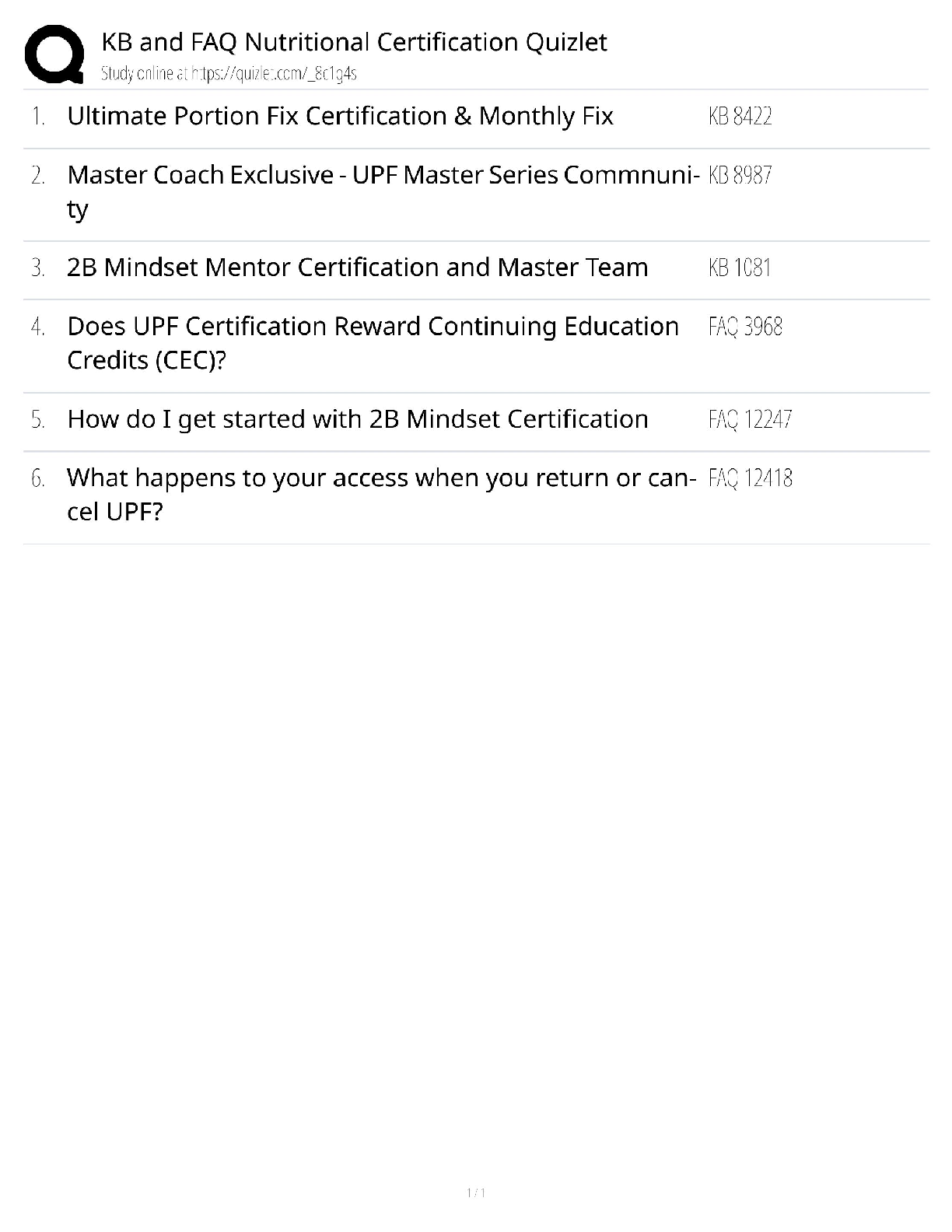 Nutritional Certification / KB & FAQ Quizlet / 2025 Update / Score 100% Study Guide