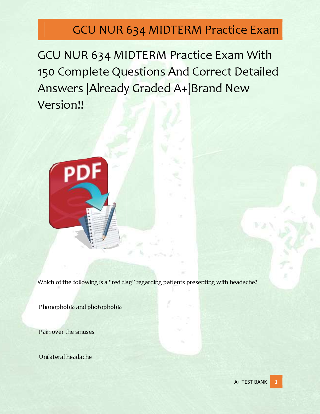 Preview of GCU NUR 634 MIDTERM Practice Exam With  150 Complete Questions And Correct Detailed  Answe