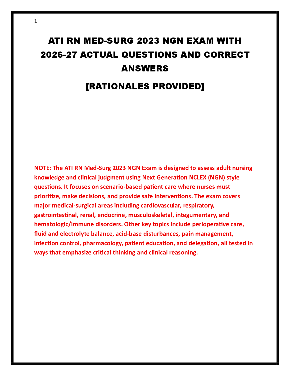 Preview image for ATI RN MED-SURG 2023 NGN EXAM WITH  2026-27 ACTUAL QUESTIONS AND CORRECT  ANSWERS  [RATIONALES PROVIDED]
