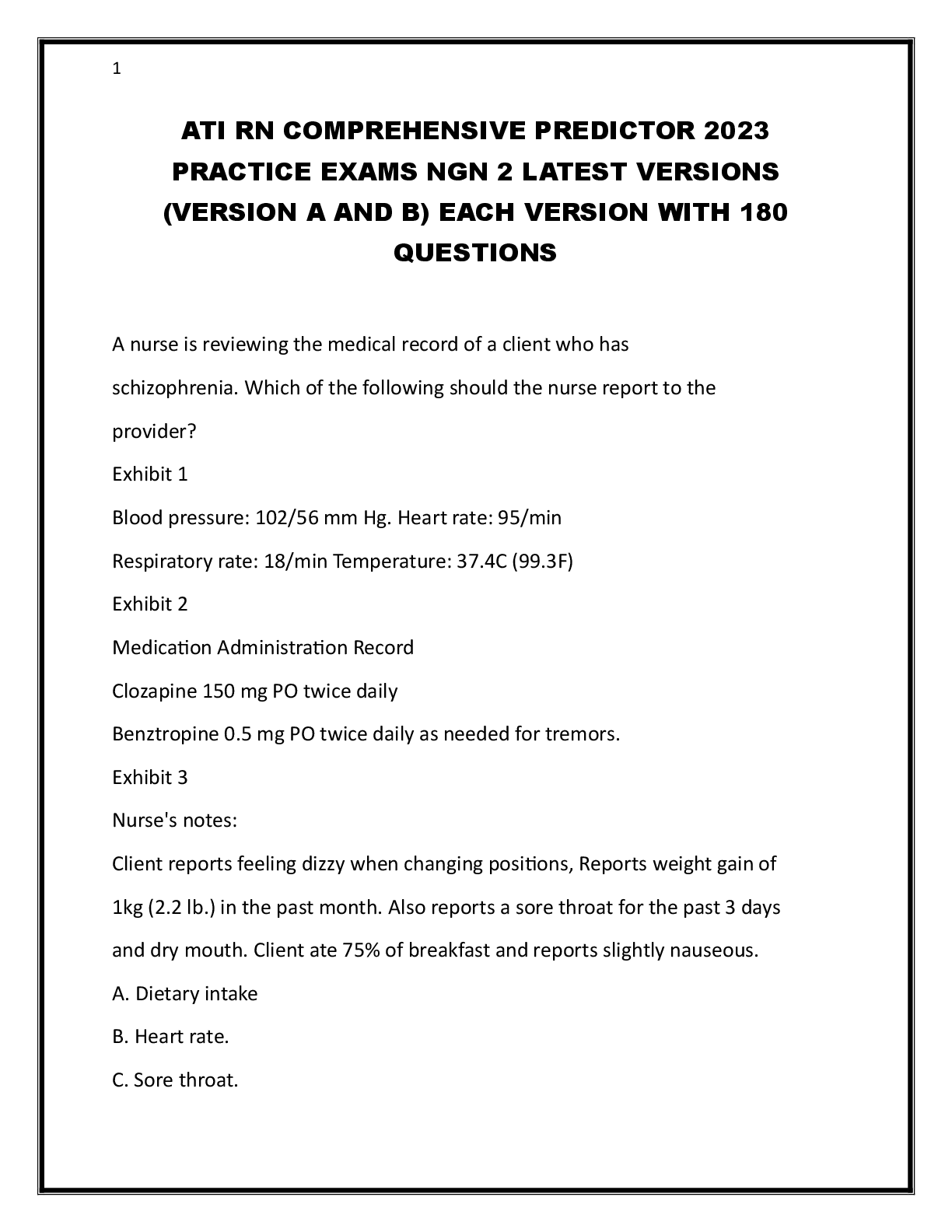 Preview image for ATI RN COMPREHENSIVE PREDICTOR 2023  PRACTICE EXAMS NGN 2 LATEST VERSIONS  (VERSION A AND B) EACH VERSION WITH 180  QUESTIONS