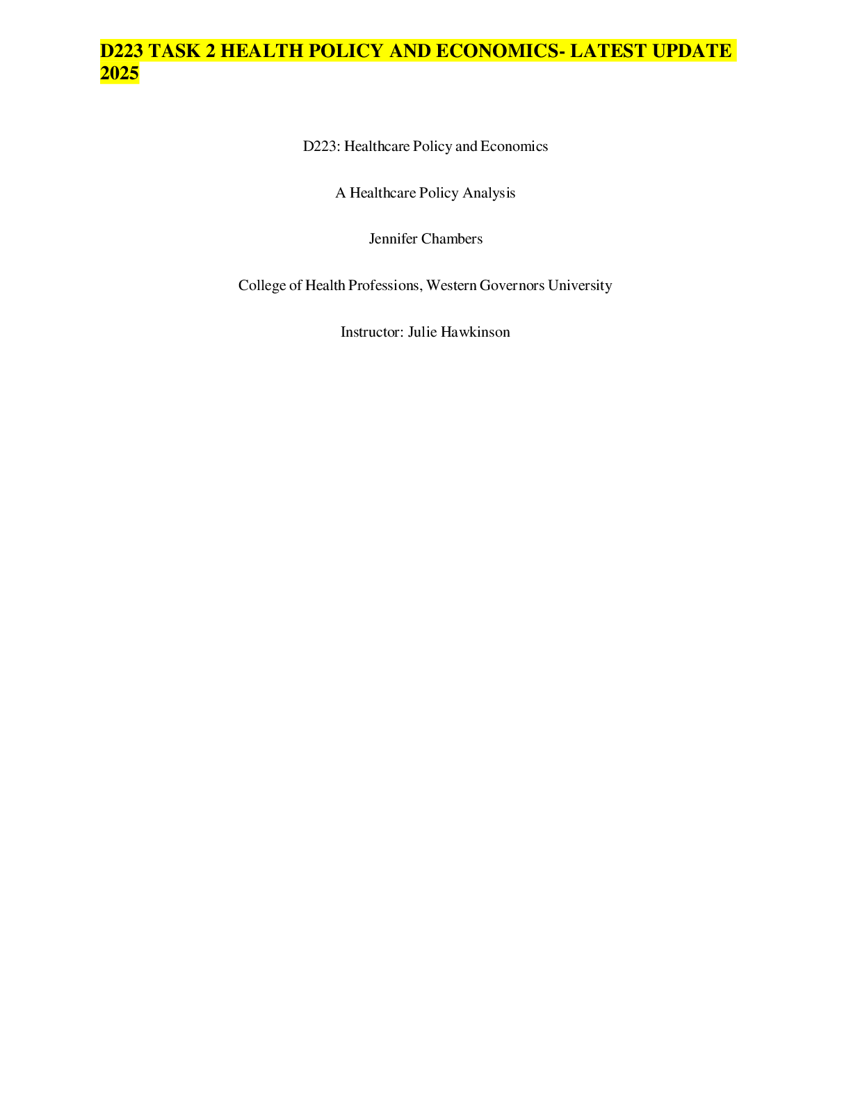 Preview image for D223 TASK 2 HEALTH POLICY AND ECONOMICS- LATEST UPDATE 2025