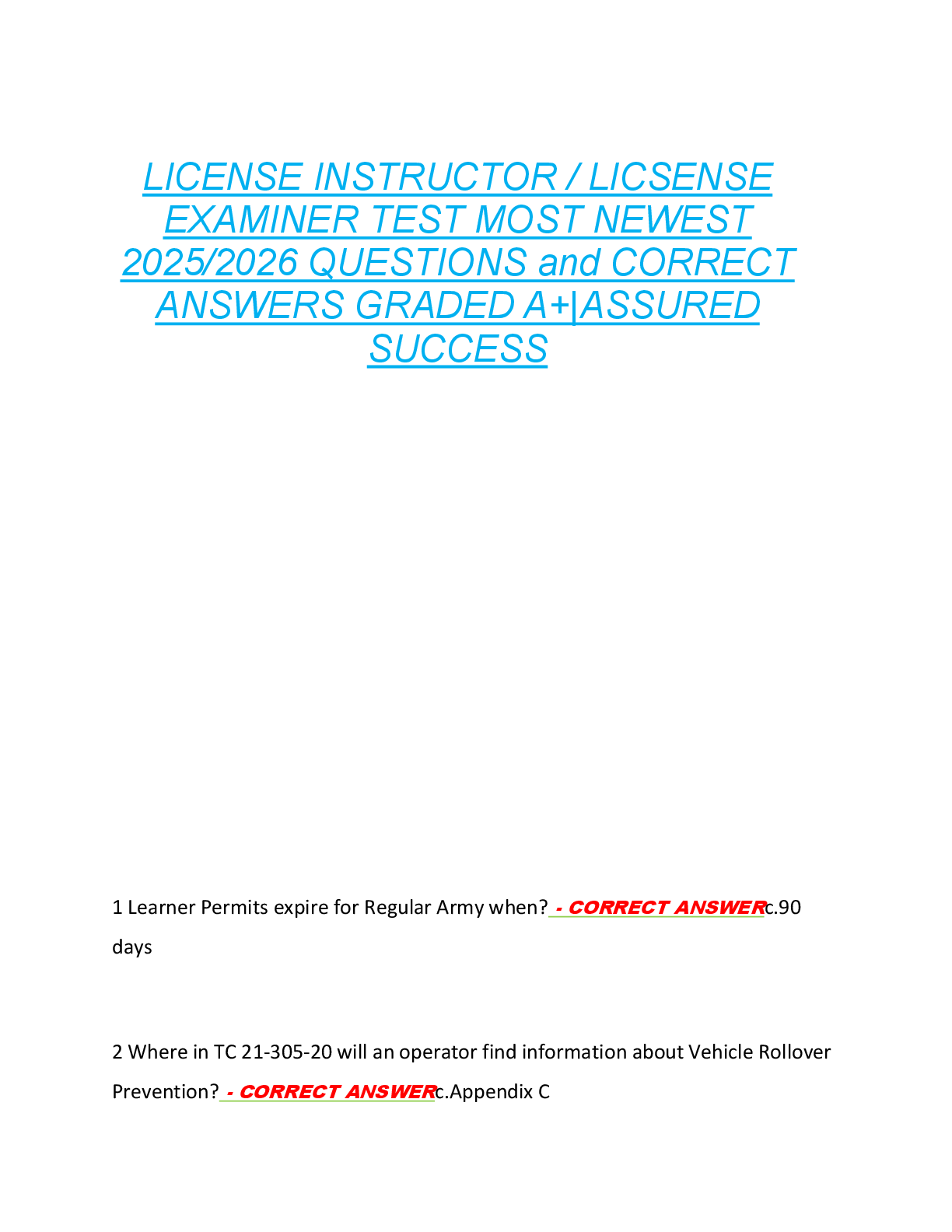Preview image for LICENSE INSTRUCTOR / LICSENSE  EXAMINER TEST MOST NEWEST  2025/2026 QUESTIONS and CORRECT  ANSWERS GRADED A+|ASSURED  SUCCESS