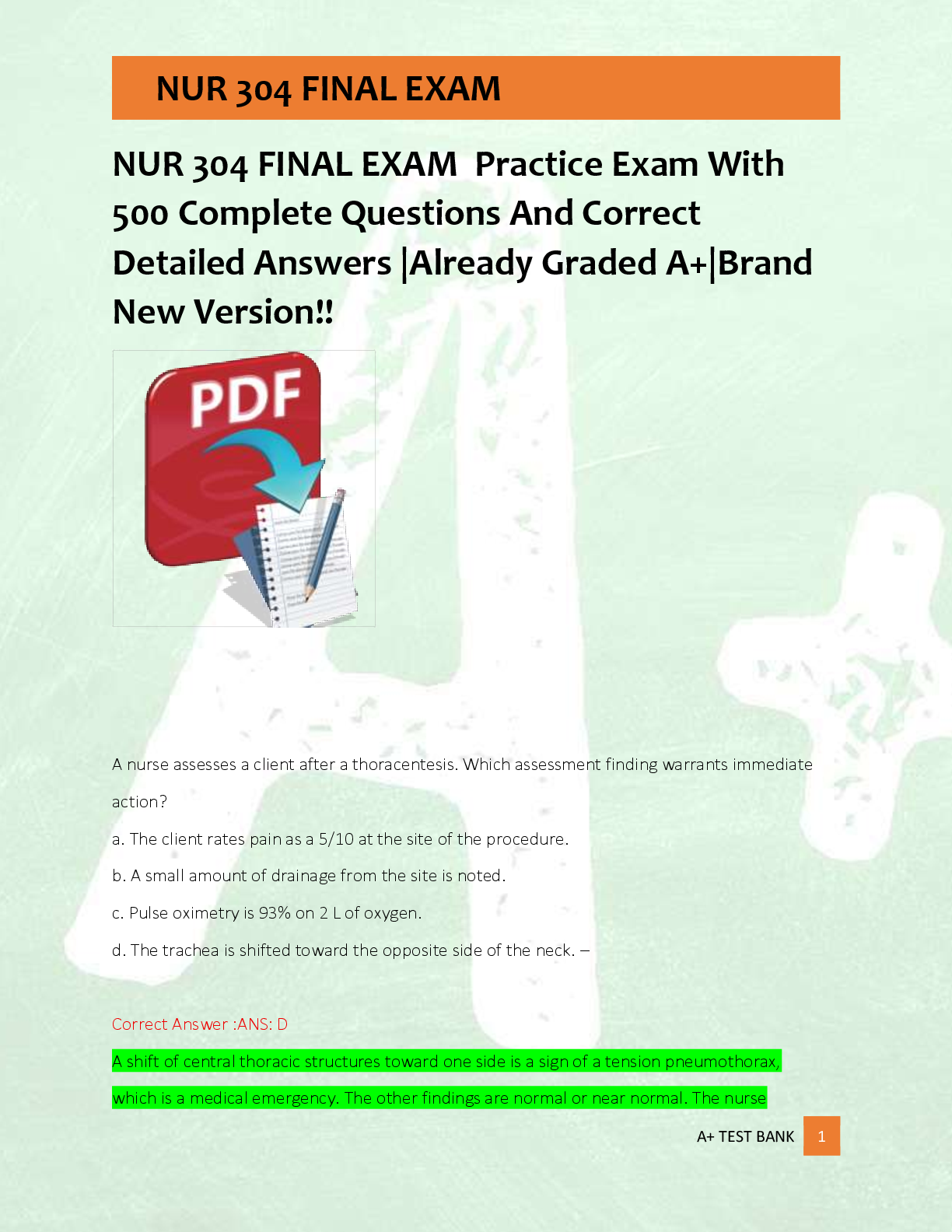 Preview of NUR 304 FINAL EXAM  Practice Exam With  500 Complete Questions And Correct  Detailed Answe