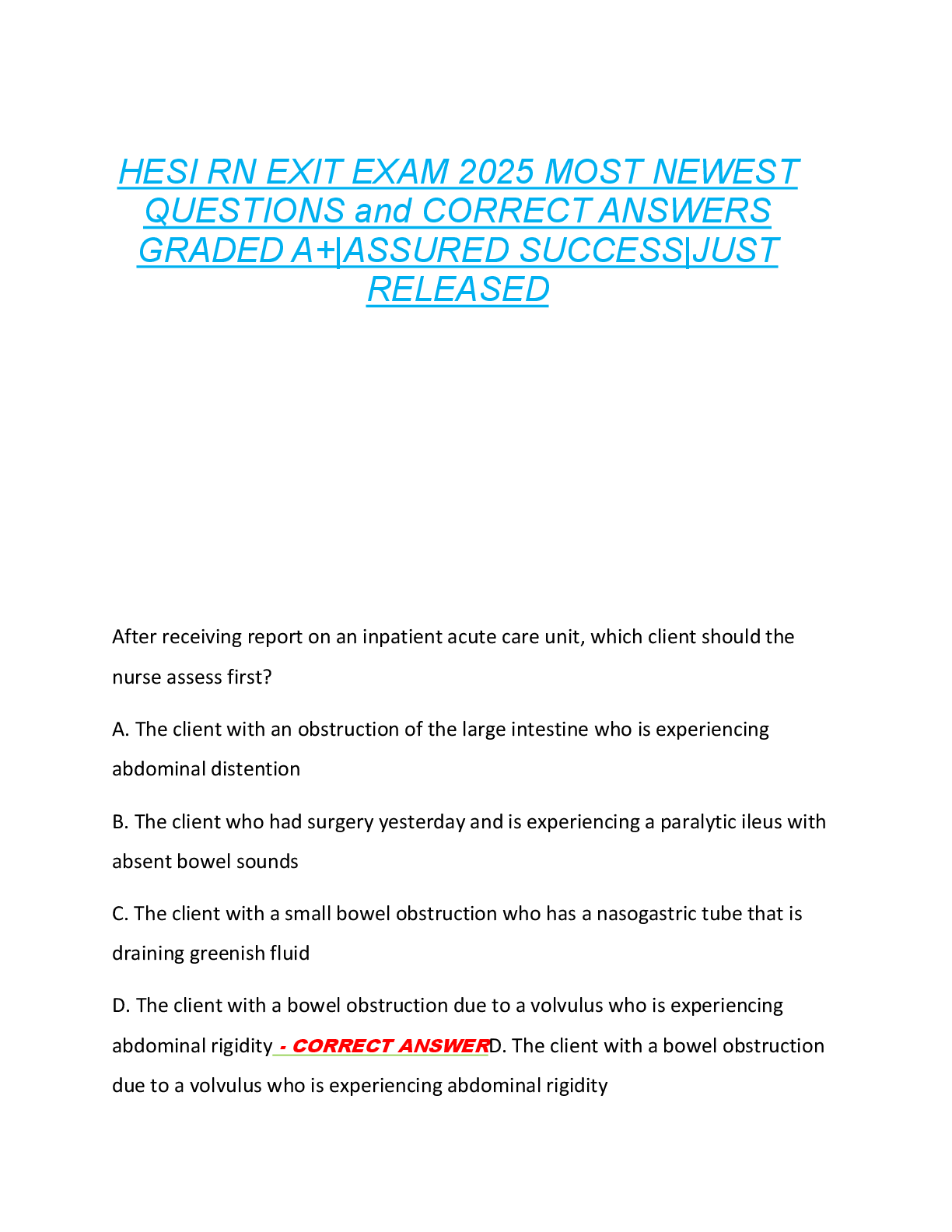 HESI RN EXIT EXAM 2025 MOST NEWEST  QUESTIONS and CORRECT ANSWERS  GRADED A+|ASSURED SUCCESS|JUST  RELEASED