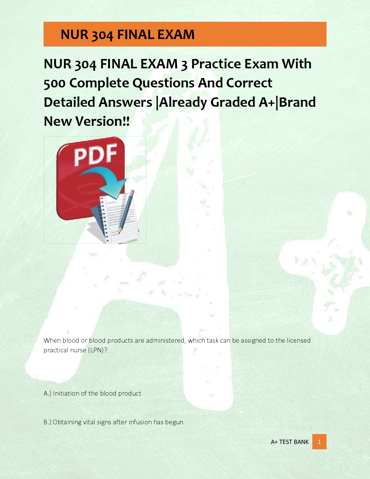 Preview of NUR 304 FINAL EXAM 3 Practice Exam With  500 Complete Questions And Correct  Detailed Answ