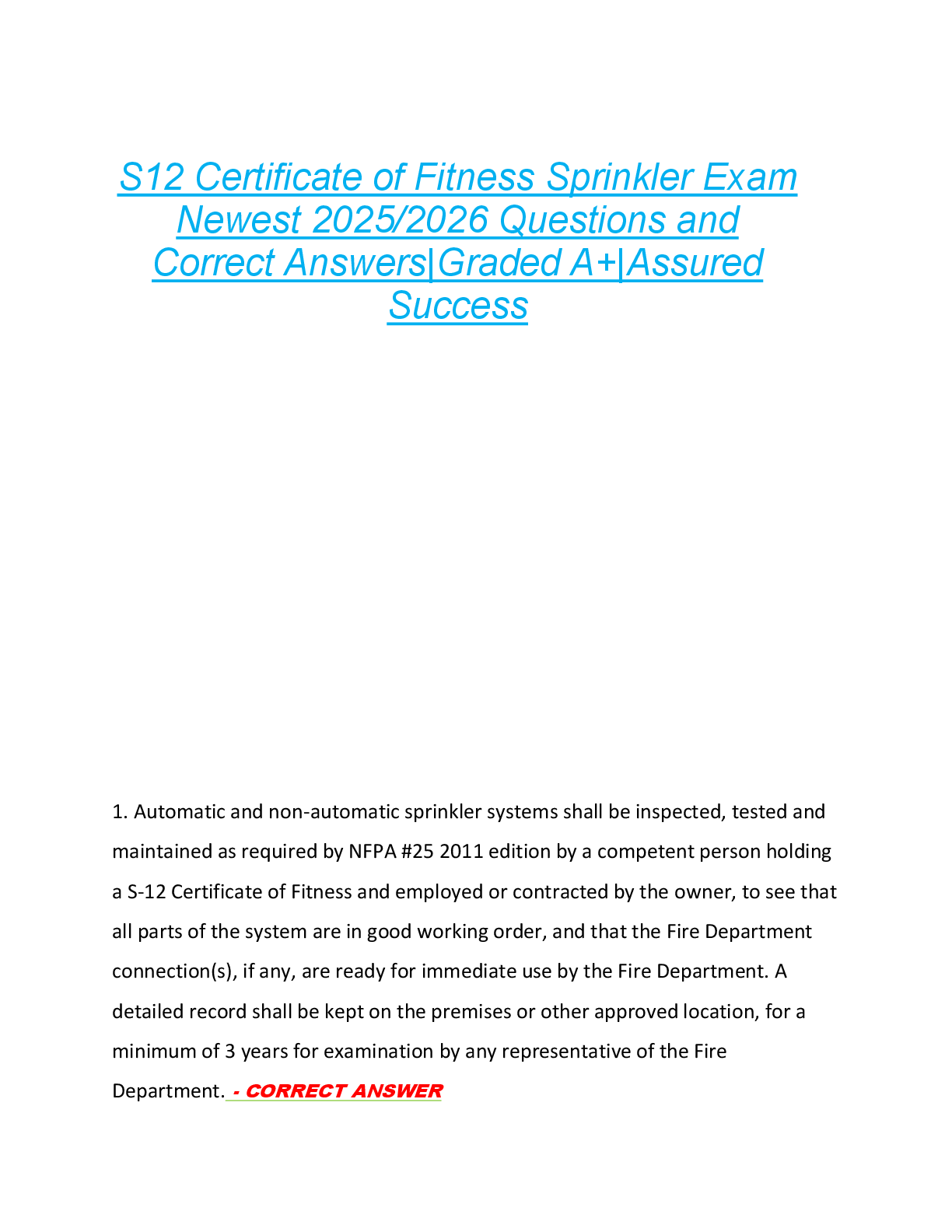 Preview image for S12 Certificate of Fitness Sprinkler Exam  Newest 2025/2026 Questions and  Correct Answers|Graded A+|Assured  Success