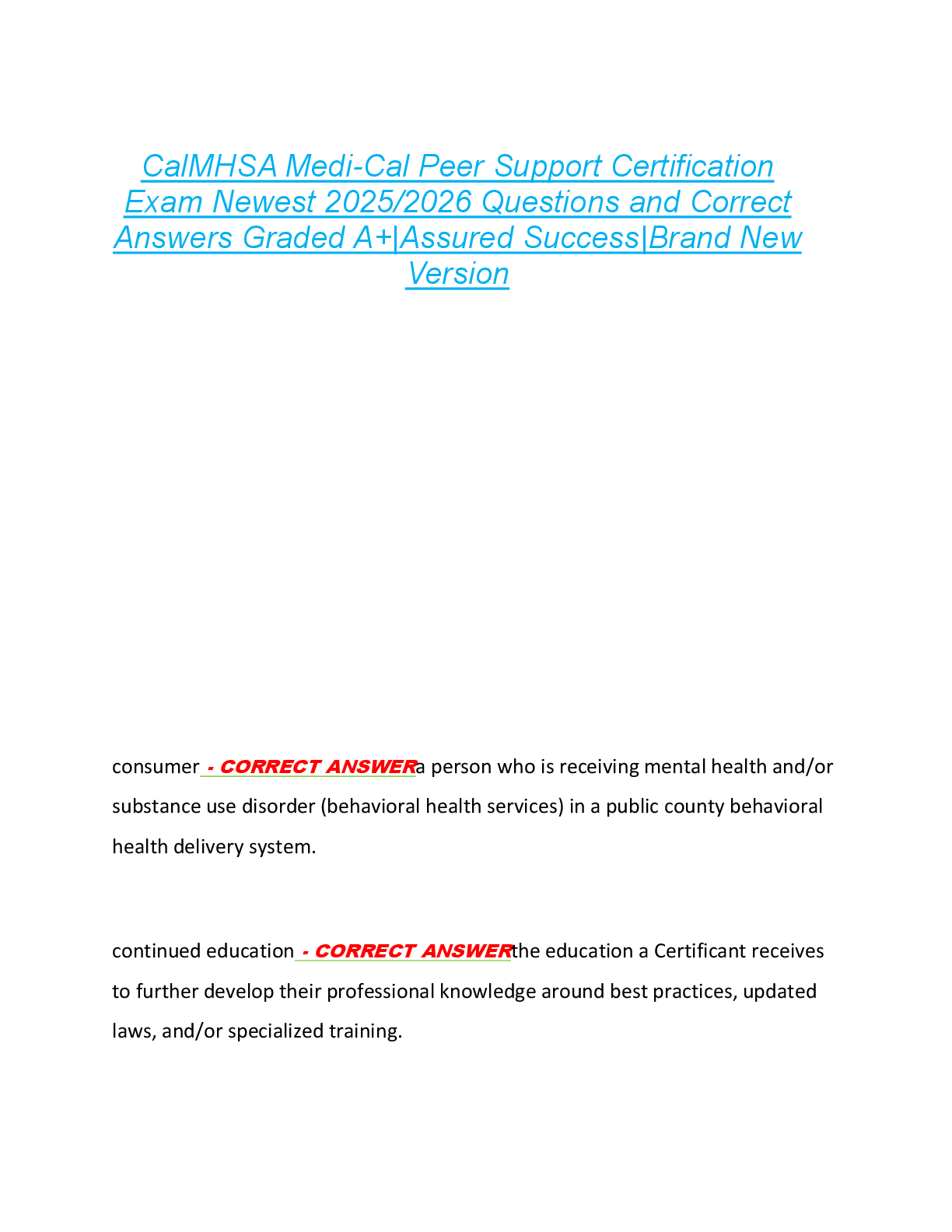 Preview of CalMHSA Medi-Cal Peer Support Certification  Exam Newest 2025/2026 Questions and Correct