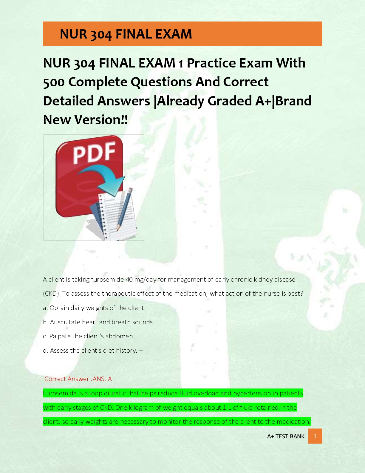 Preview of NUR 304 FINAL EXAM 1 Practice Exam With  500 Complete Questions And Correct  Detailed Answ