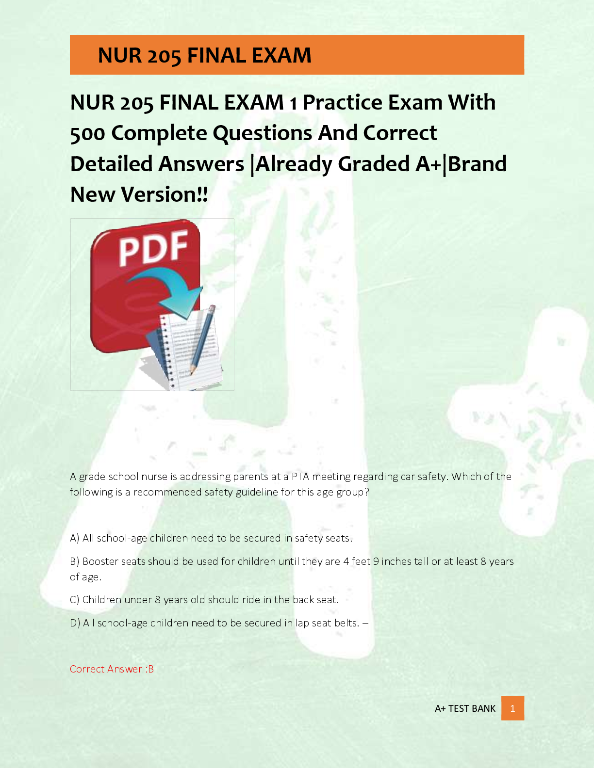 Preview of NUR 205 FINAL EXAM 1 Practice Exam With  500 Complete Questions And Correct  Detailed Answ