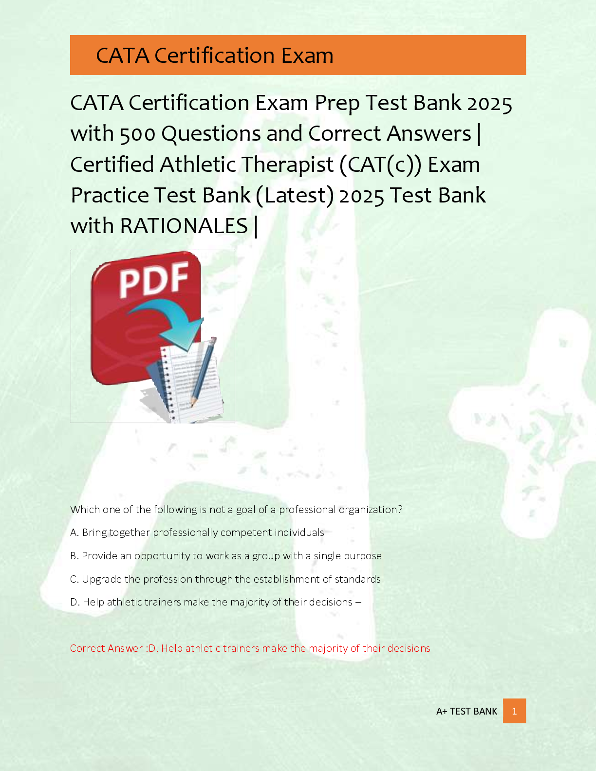 Preview of CATA Certification Exam Prep Test Bank 2025  with 500 Questions and Correct Answers |  Cer