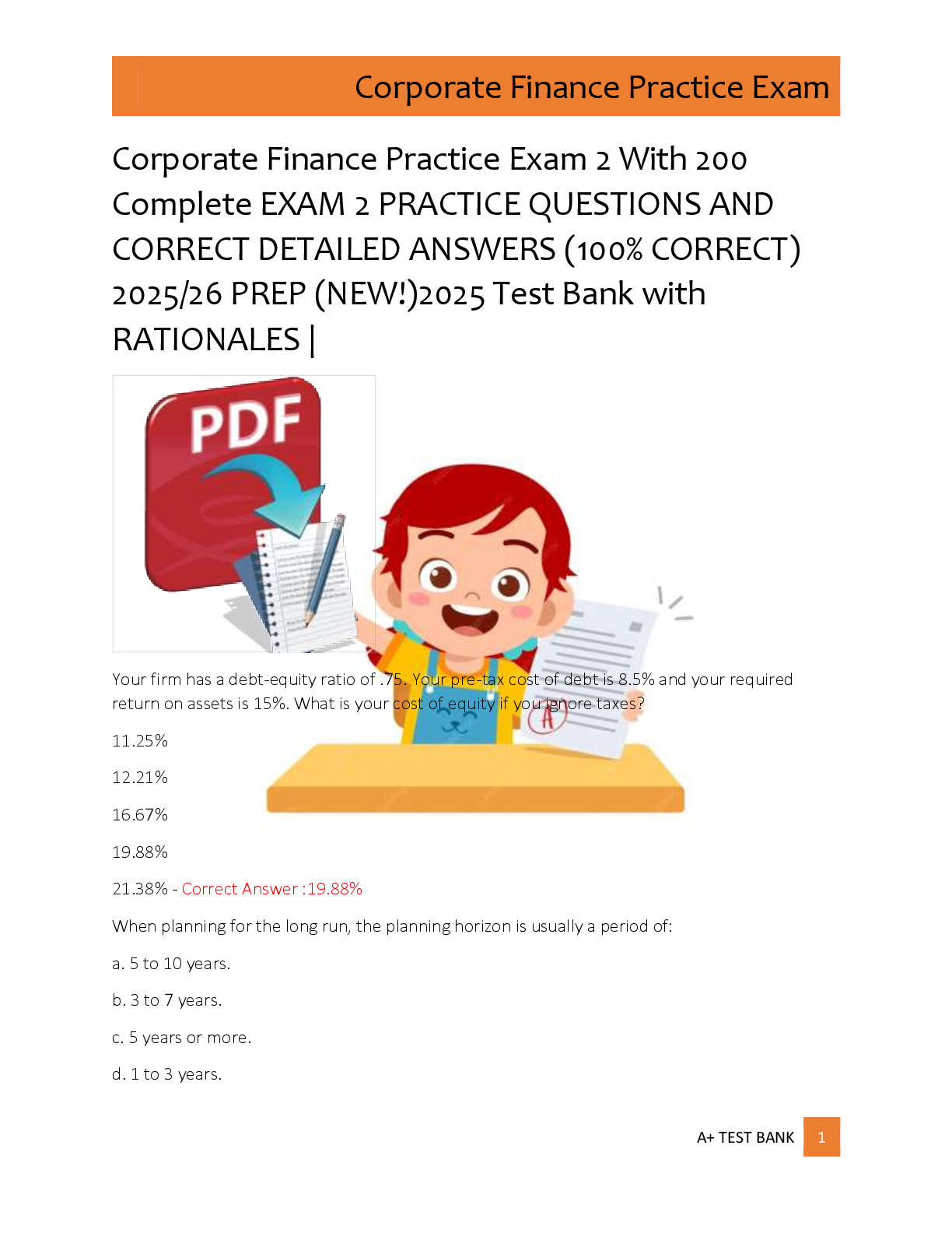 Preview image for Corporate Finance Practice Exam 2 With 200  Complete EXAM 2 PRACTICE QUESTIONS AND  CORRECT DETAILED ANSWERS (100% CORRECT)  2025/26 PREP (NEW!)2025 Test Bank with  RATIONALES |