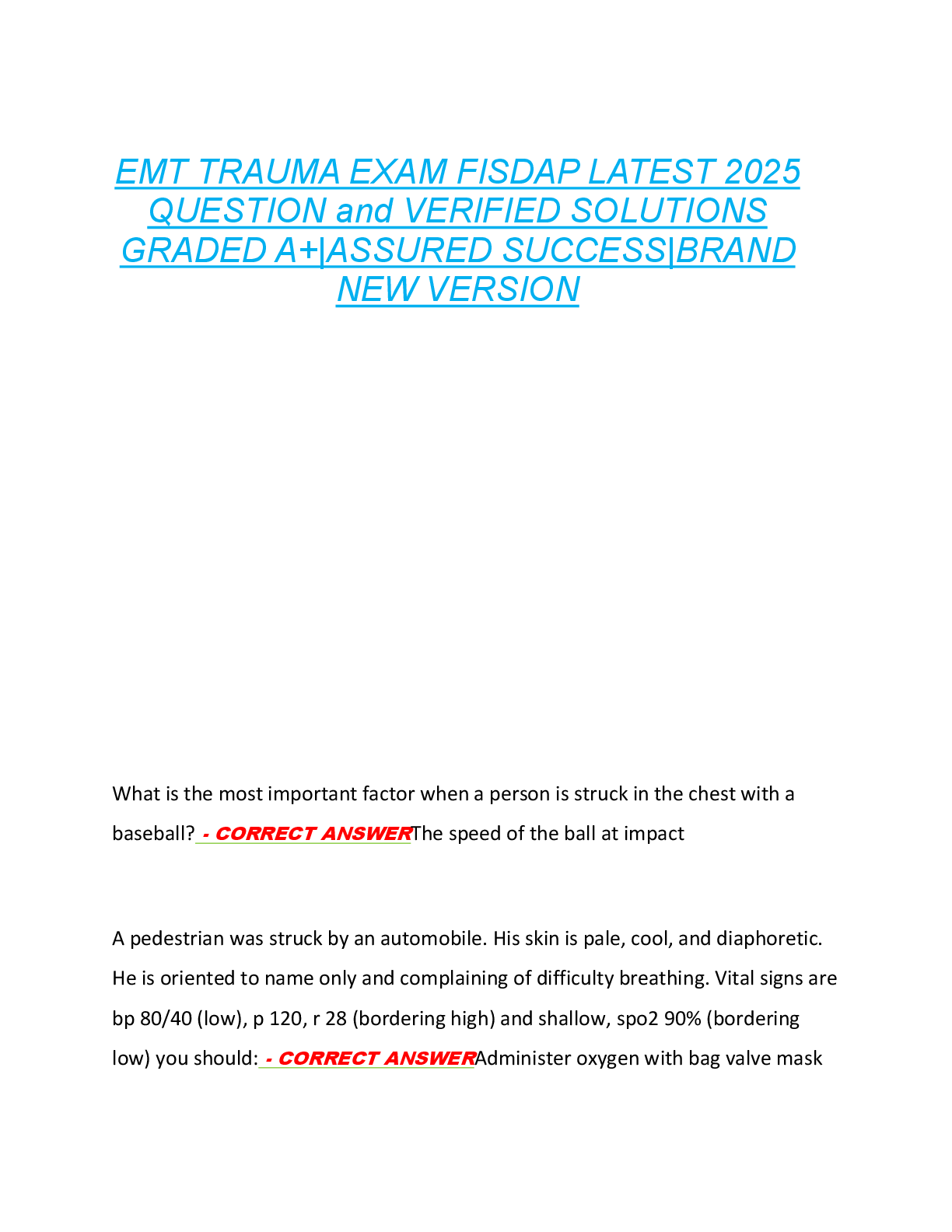Preview of EMT TRAUMA EXAM FISDAP LATEST 2025  QUESTION and VERIFIED SOLUTIONS  GRADED A+|ASSURED SUCCESS|BRAND  NEW VERSION
