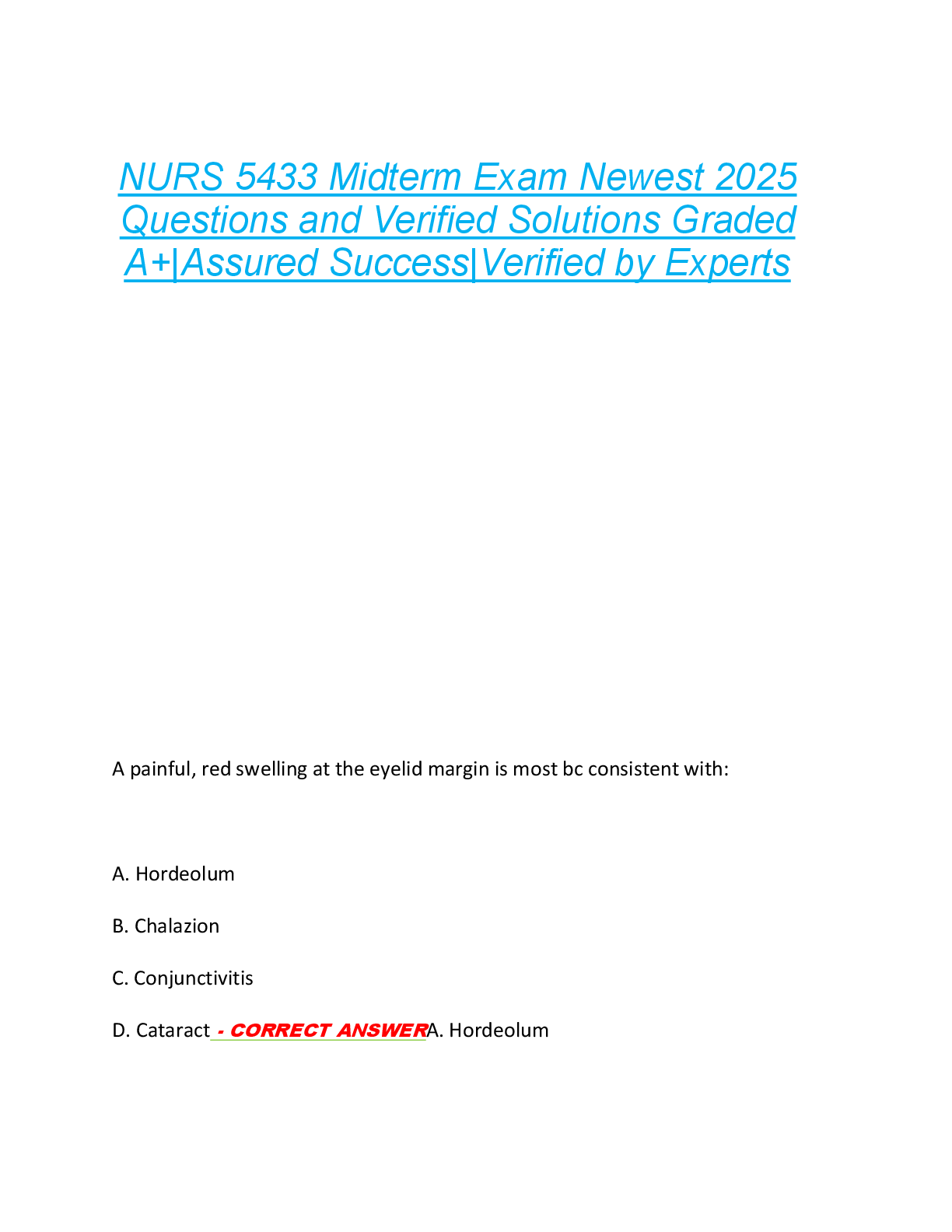 Recommended document preview for NURS 5433 Midterm Exam Newest 2025  Questions and Verified Solutions Graded  A+|Assured Success|Verified by Experts