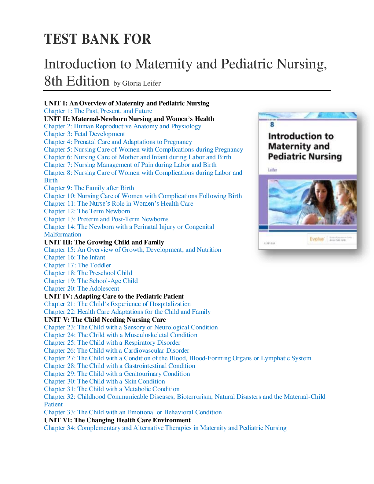 Preview image for Test Bank for Introduction to Maternity and Pediatric Nursing 8th Edition by Leifer Complete All Chapters! ALREADY RATED A+ 100% CORRECT ANSWERS