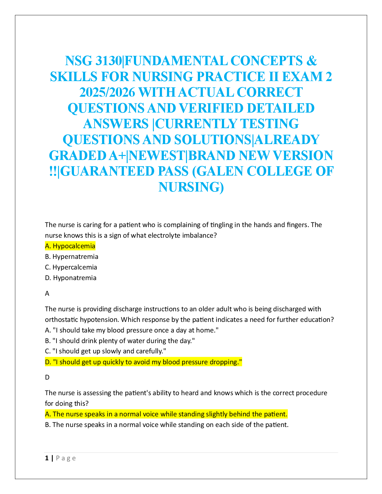NSG 3130|FUNDAMENTAL CONCEPTS &  SKILLS FOR NURSING PRACTICE II EXAM 2