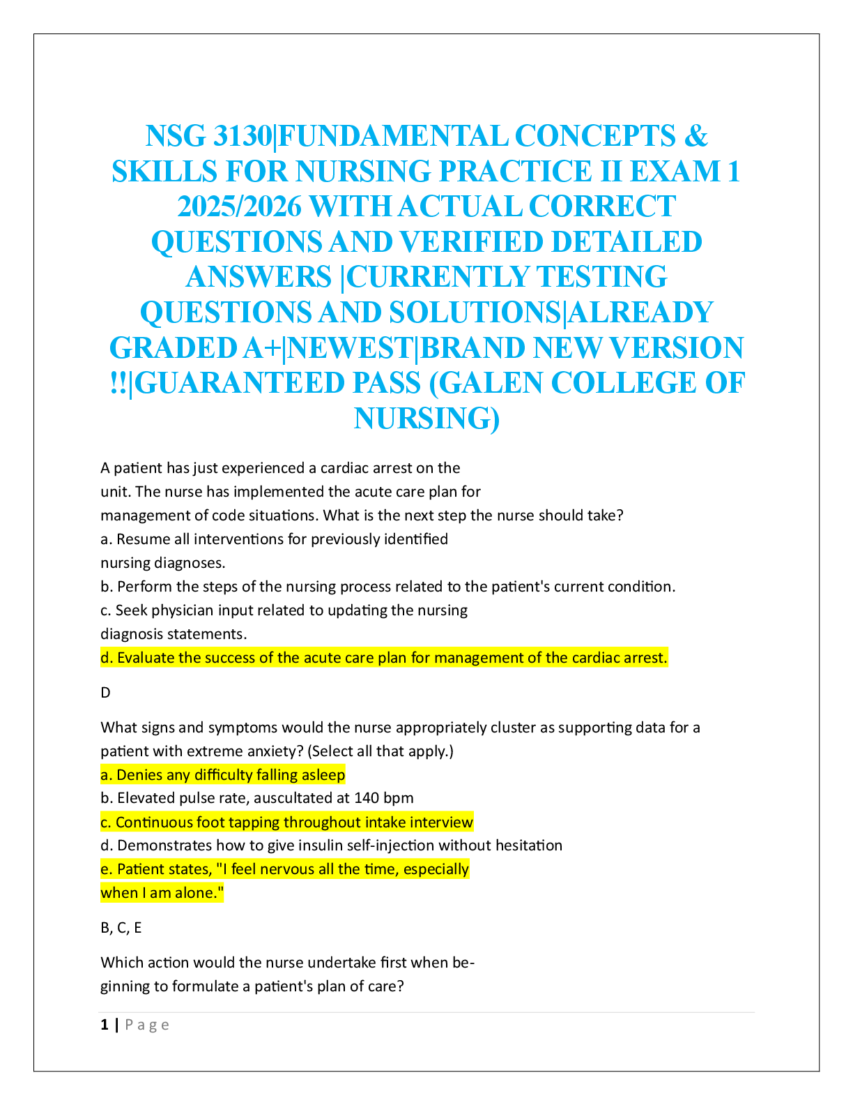 NSG 3130|FUNDAMENTAL CONCEPTS &  SKILLS FOR NURSING PRACTICE II EXAM 1