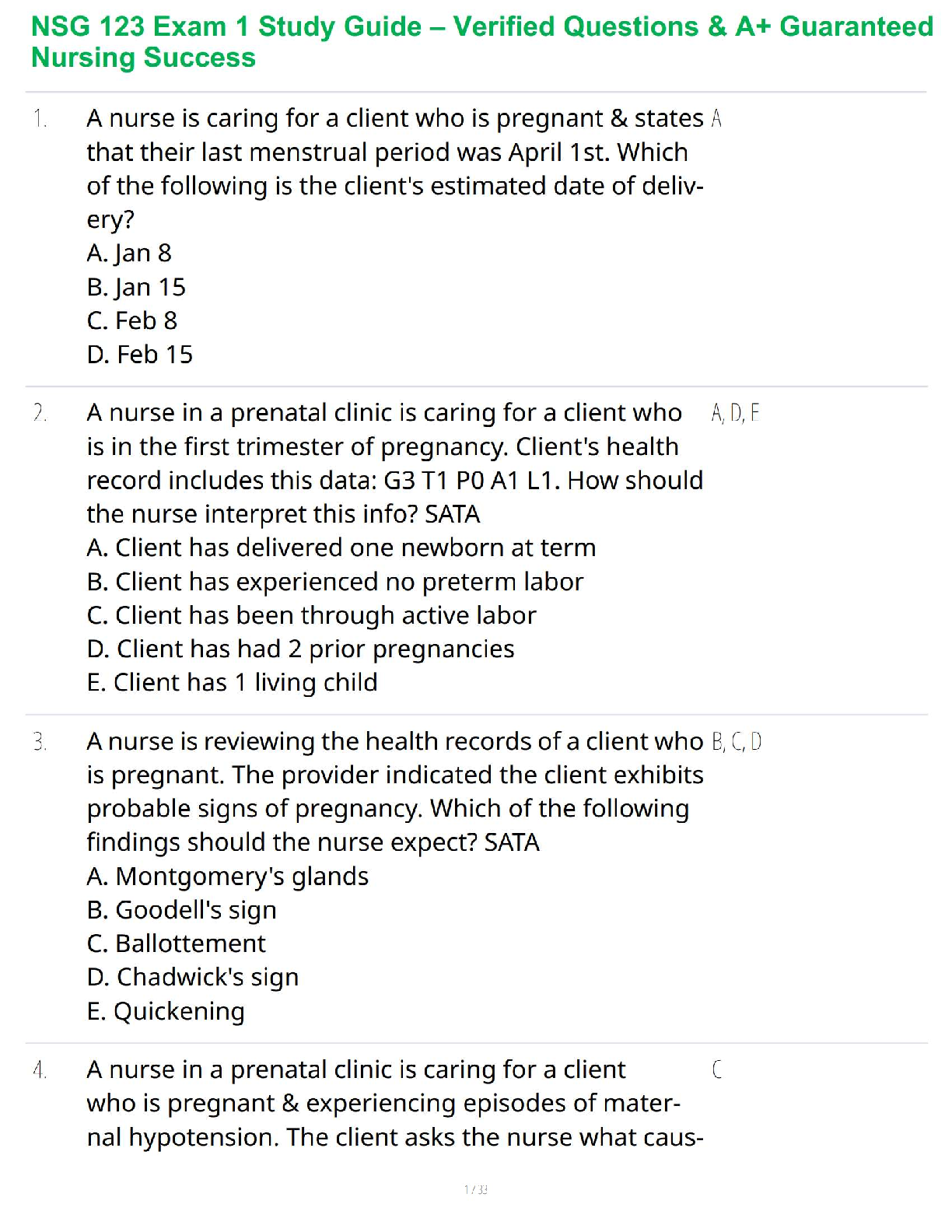 NSG 123 Exam 1 Study Guide – Verified Questions & A+ Guaranteed Nursing Success