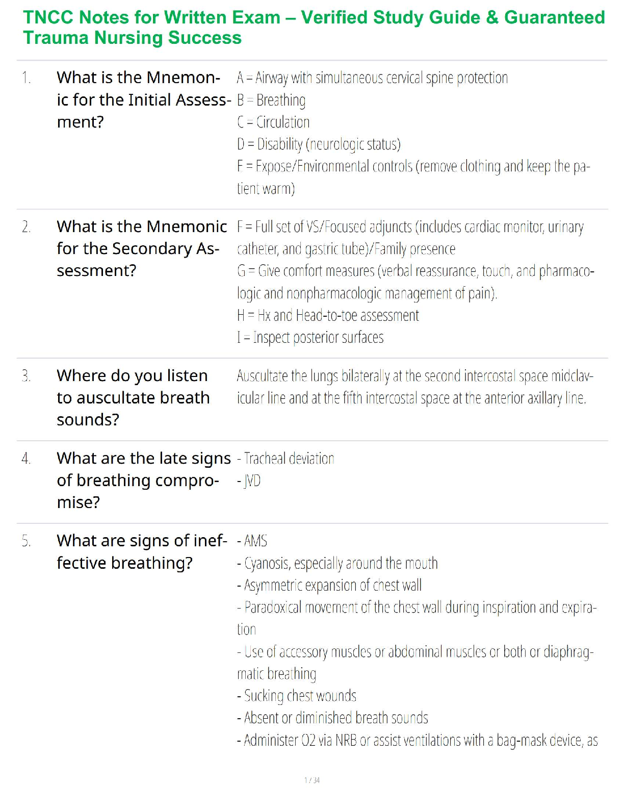 TNCC Notes for Written Exam – Verified Study Guide & Guaranteed Trauma Nursing Success