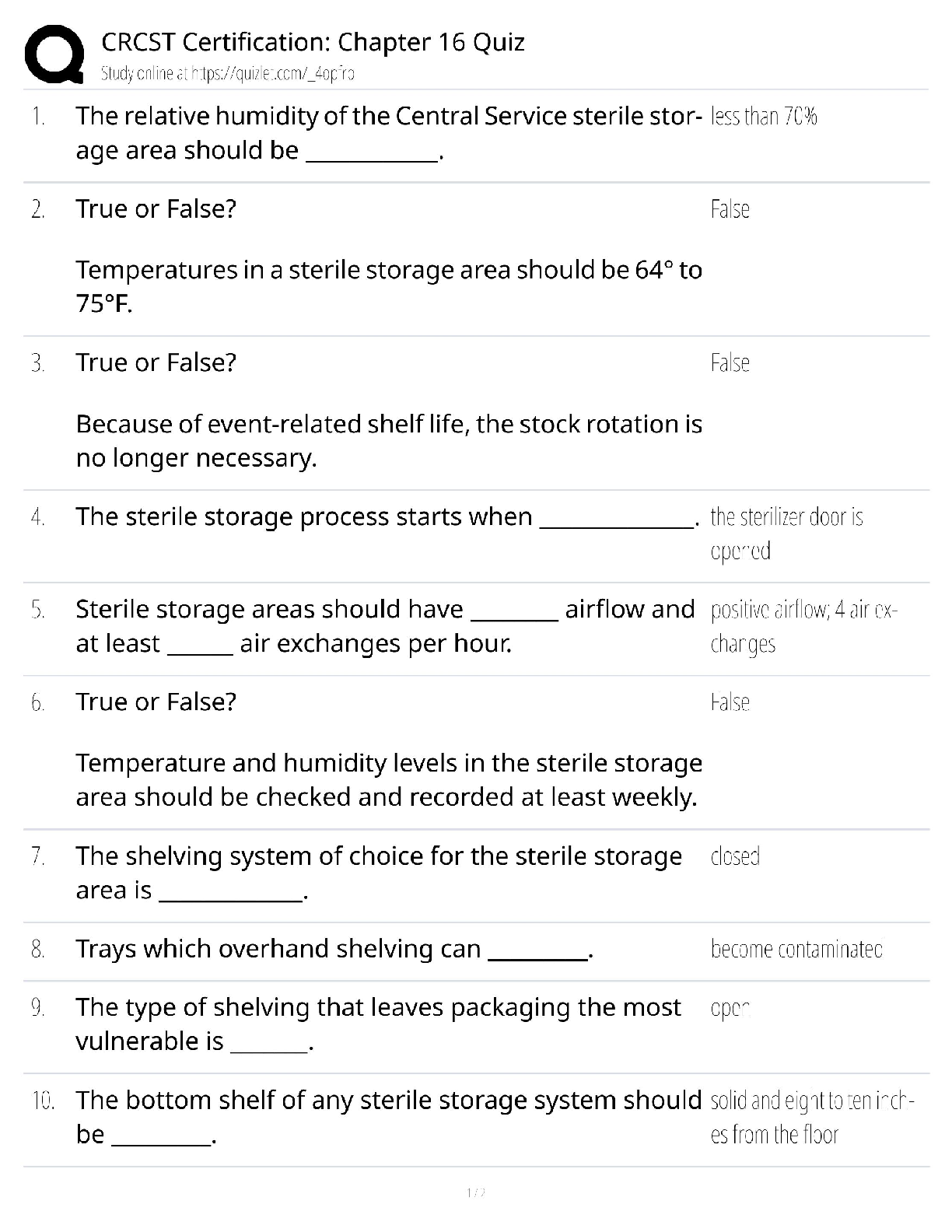 CRCST Certification Chapter 16 Quiz / Sterile Storage & Distribution / 2025 Update / Score 100%