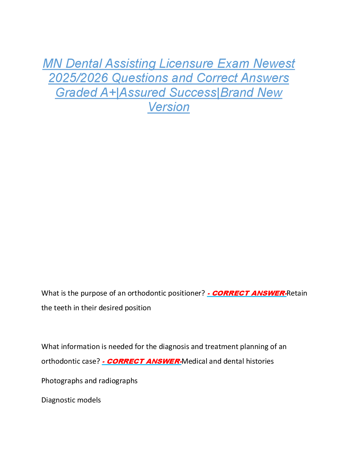 Preview image for MN Dental Assisting Licensure Exam Newest  2025/2026 Questions and Correct Answers  Graded A+|Assured Success|Brand New  Version
