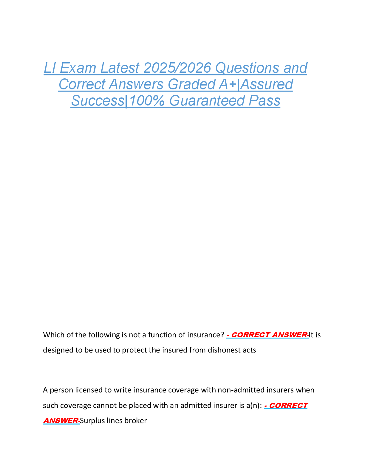 LI Exam Latest 2025/2026 Questions and  Correct Answers Graded A+|Assured  Success|100% Guaranteed Pass