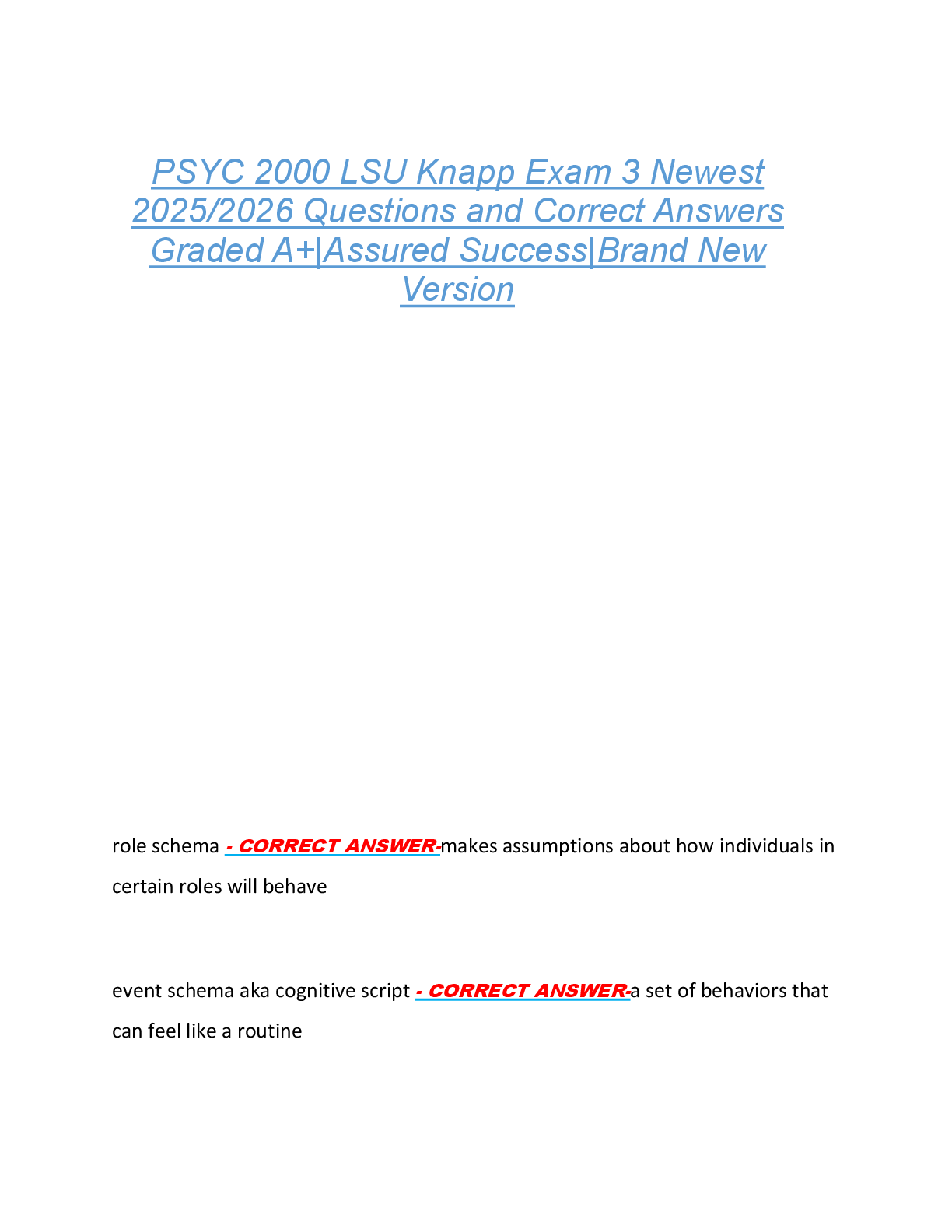 Preview of PSYC 2000 LSU Knapp Exam 3 Newest  2025/2026 Questions and Correct Answers  Graded A+|Assured Success|Brand New  Version