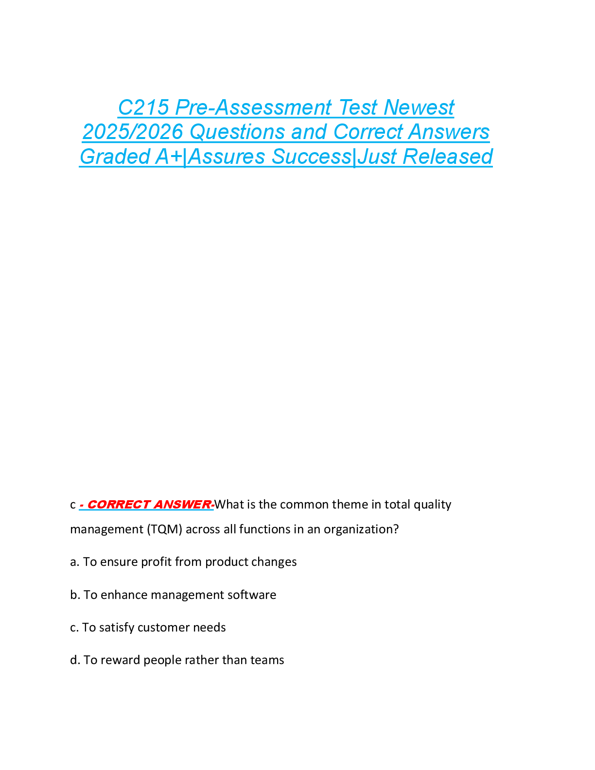C215 Pre-Assessment Test Newest  2025/2026 Questions and Correct Answers  Graded A+|Assures Success|Just Released