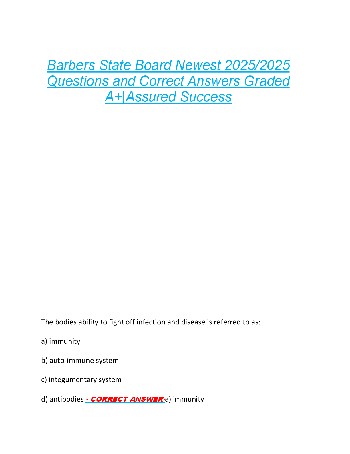 Preview of Barbers State Board Newest 2025/2025  Questions and Correct Answers Graded  A+|Assured Suc
